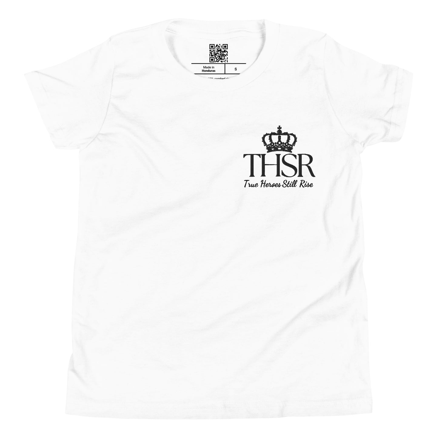 THSR Youth T-Shirt with Left-Chest Logo – White T-shirt Featuring Black "THSR True Heroes Still Rise" under a crown Design for Kids