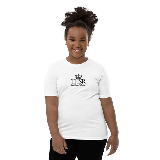 THSR Youth T-Shirt with Center-Chest Logo – White T-shirt Featuring Black "THSR True Heroes Still Rise" under a crown Design for Kids