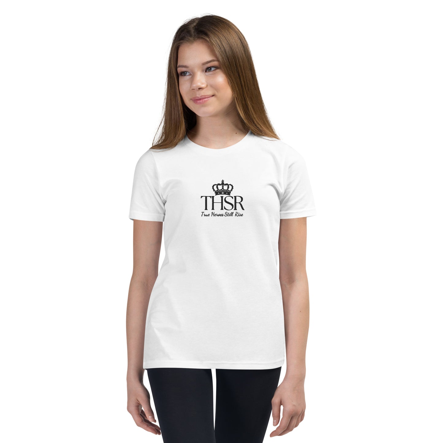 THSR Youth T-Shirt with Center-Chest Logo – White T-shirt Featuring Black "THSR True Heroes Still Rise" under a crown Design for Kids