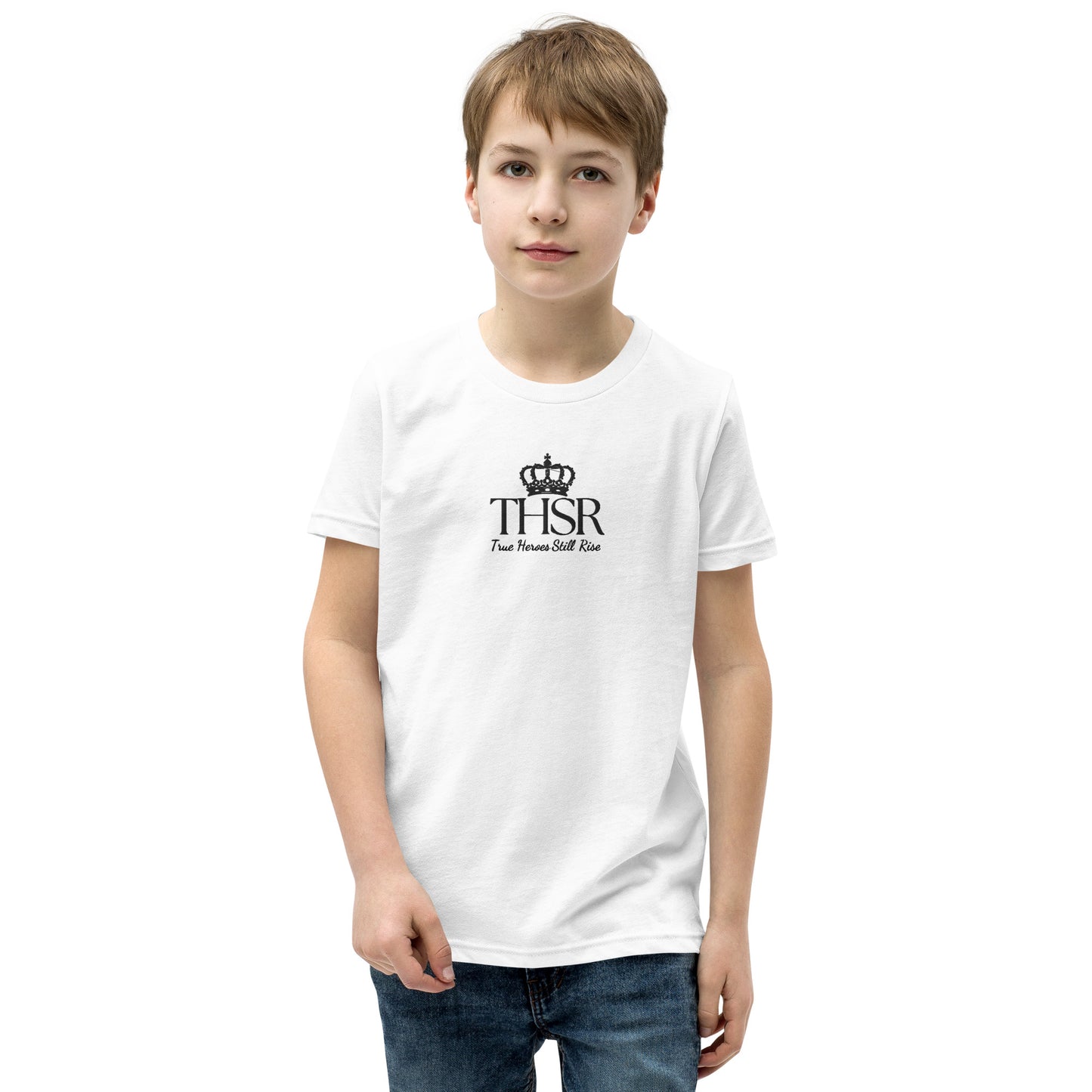 THSR Youth T-Shirt with Center-Chest Logo – White T-shirt Featuring Black "THSR True Heroes Still Rise" under a crown Design for Kids