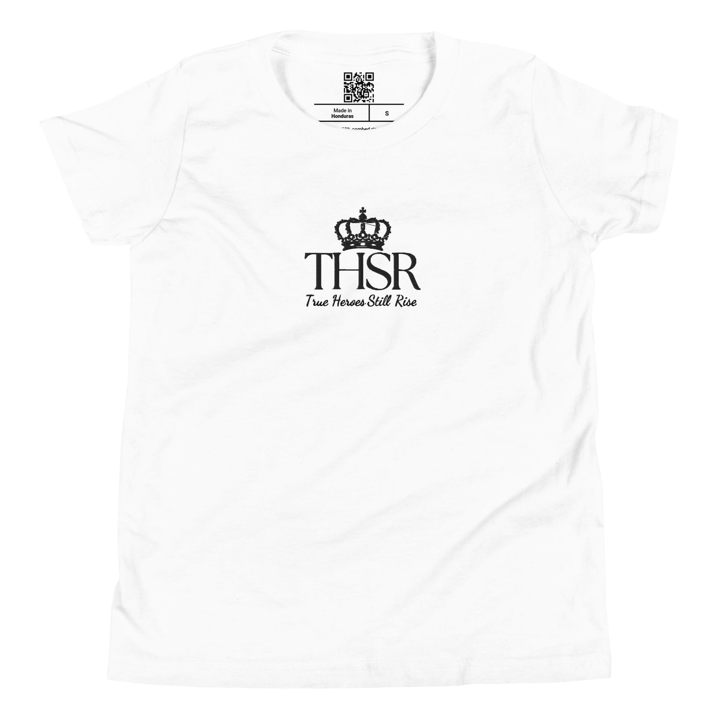 THSR Youth T-Shirt with Center-Chest Logo – White T-shirt Featuring Black "THSR True Heroes Still Rise" under a crown Design for Kids