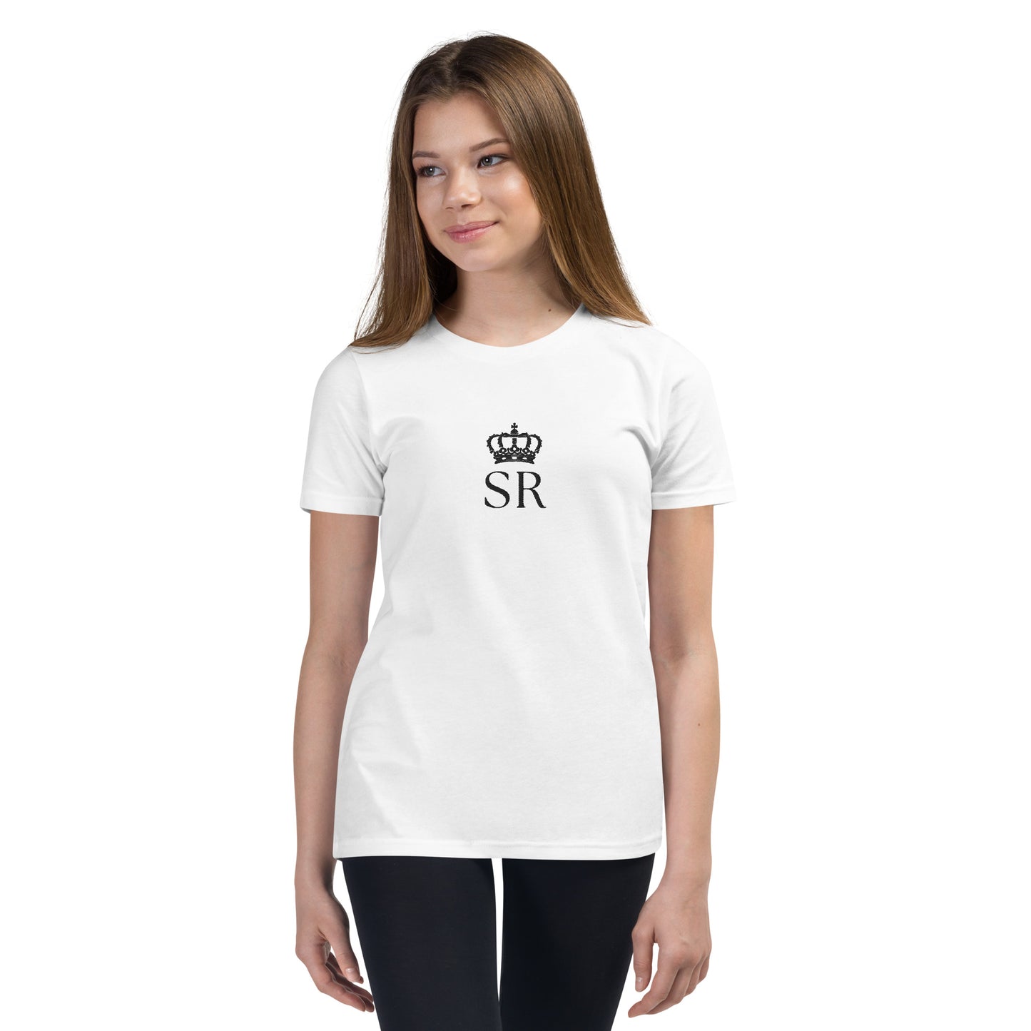 THSR Youth T-Shirt with Center-Chest Logo – White T-shirt Featuring Black THSR "SR" under a crown Design for Kids