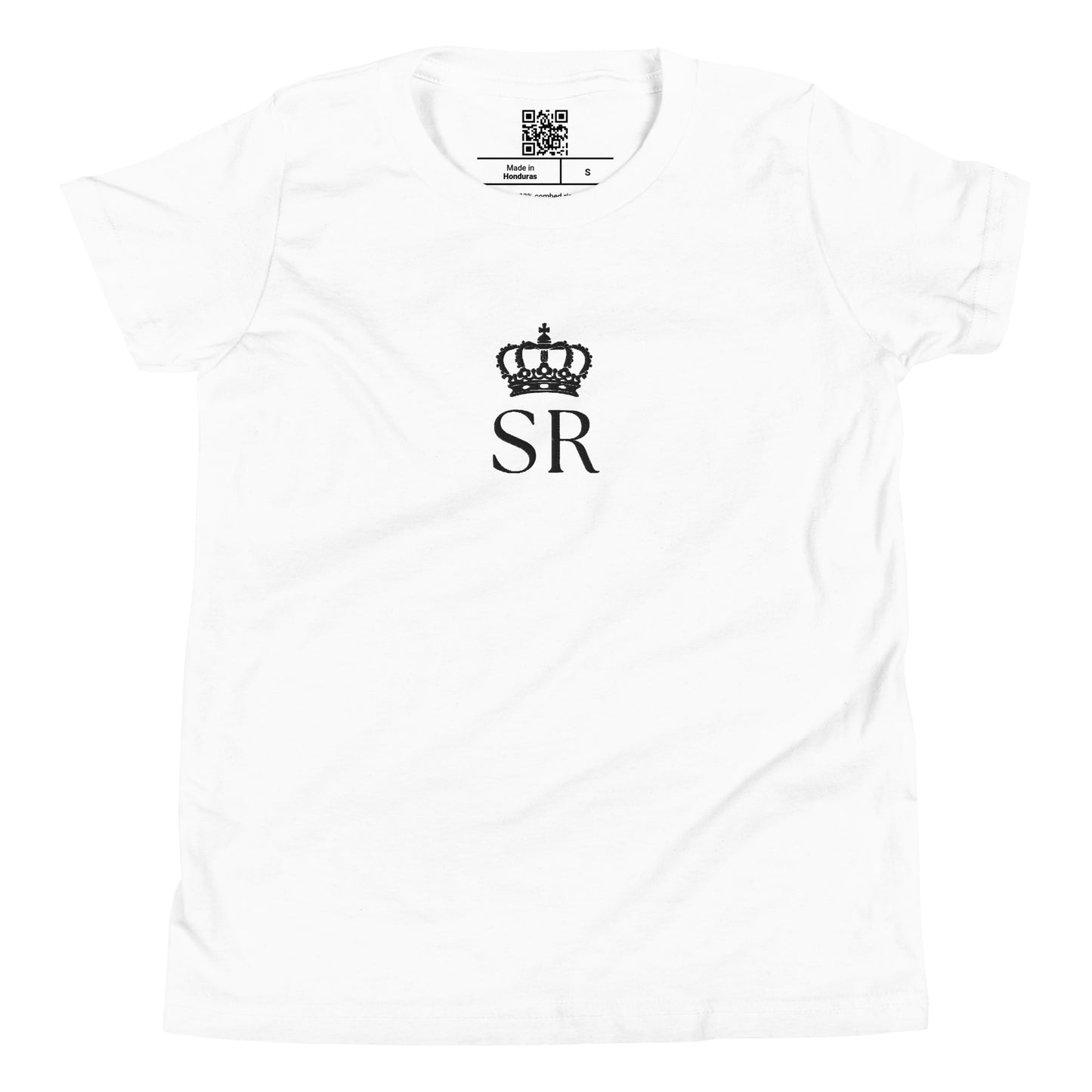 THSR Youth T-Shirt with Center-Chest Logo – White T-shirt Featuring Black THSR "SR" under a crown Design for Kids