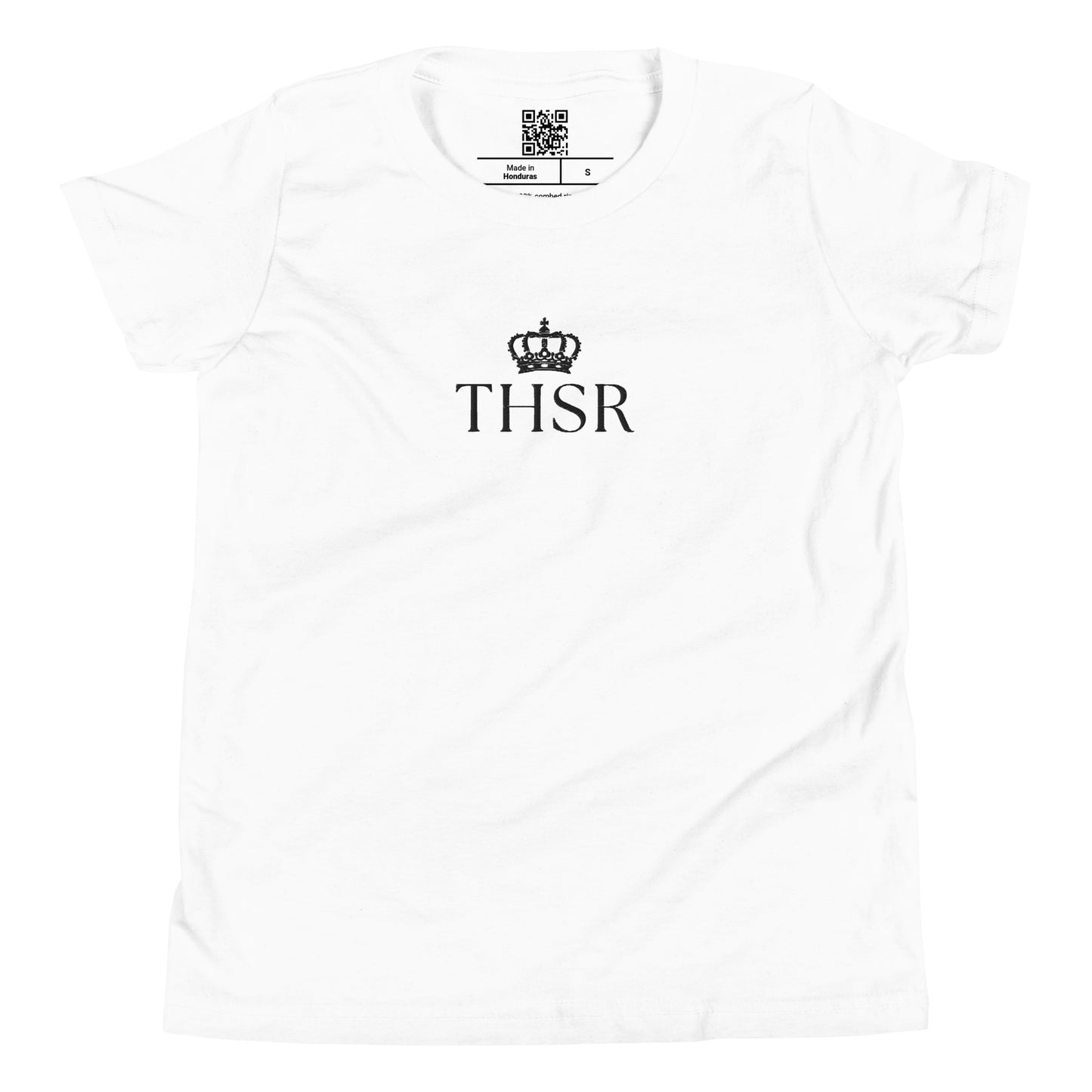 THSR Youth T-Shirt with Center-Chest Logo – White T-shirt Featuring Black "THSR" under a crown Design for Kids