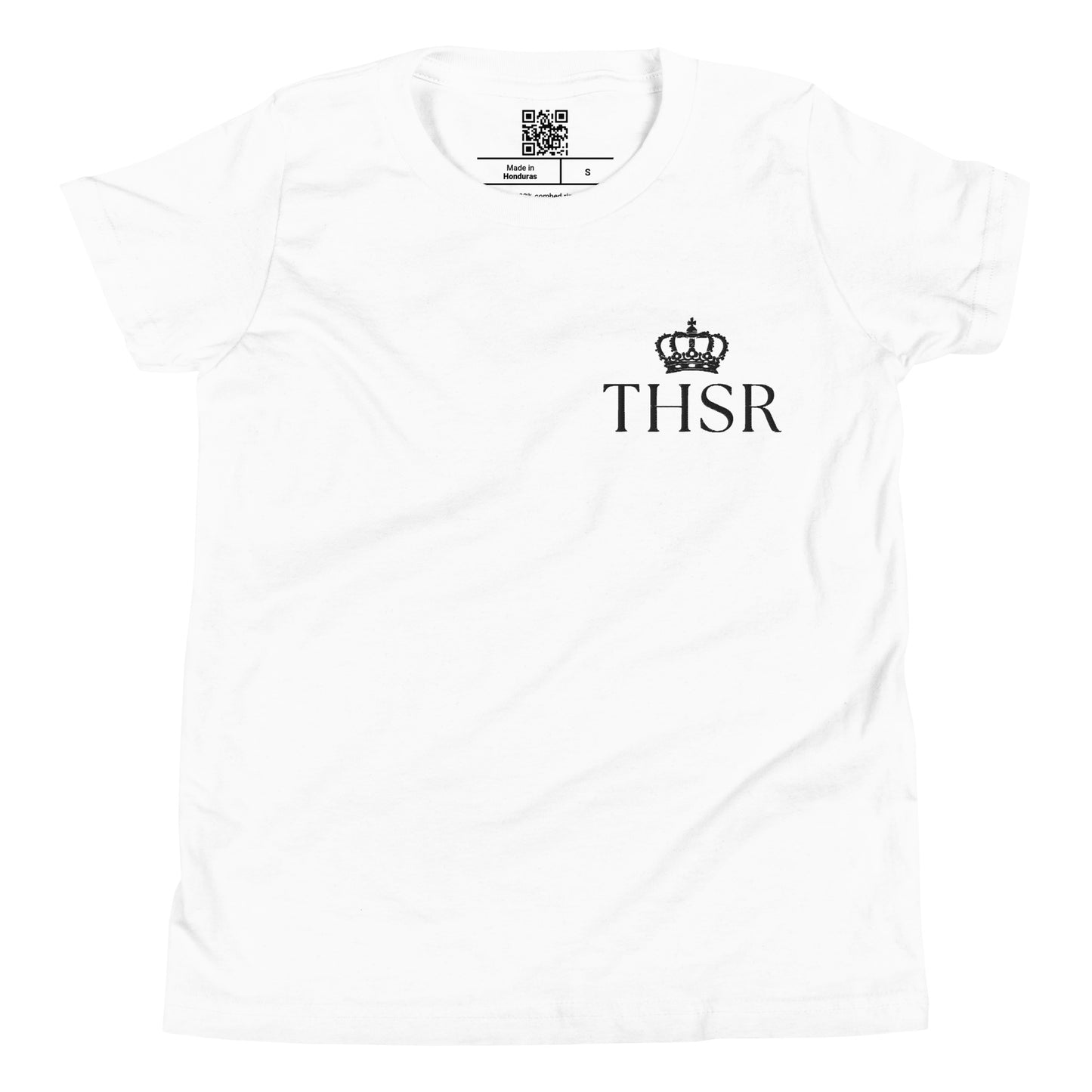 THSR Youth T-Shirt with Left-Chest Logo – White T-shirt Featuring Black "THSR" under a crown Design for Kids