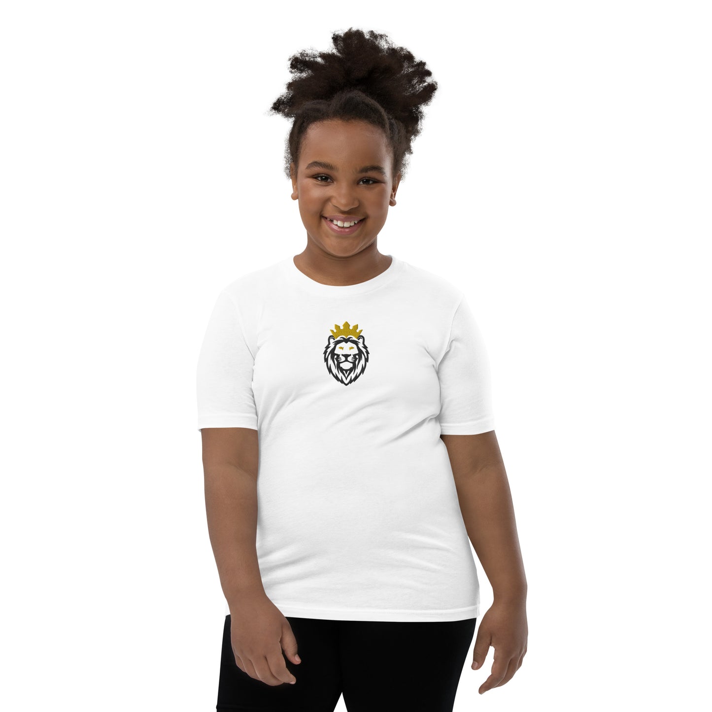 THSR Youth T-Shirt with Center-Chest Logo – White T-shirt Featuring Black & Gold THSR KING Lion wearing a crown Design for Kids