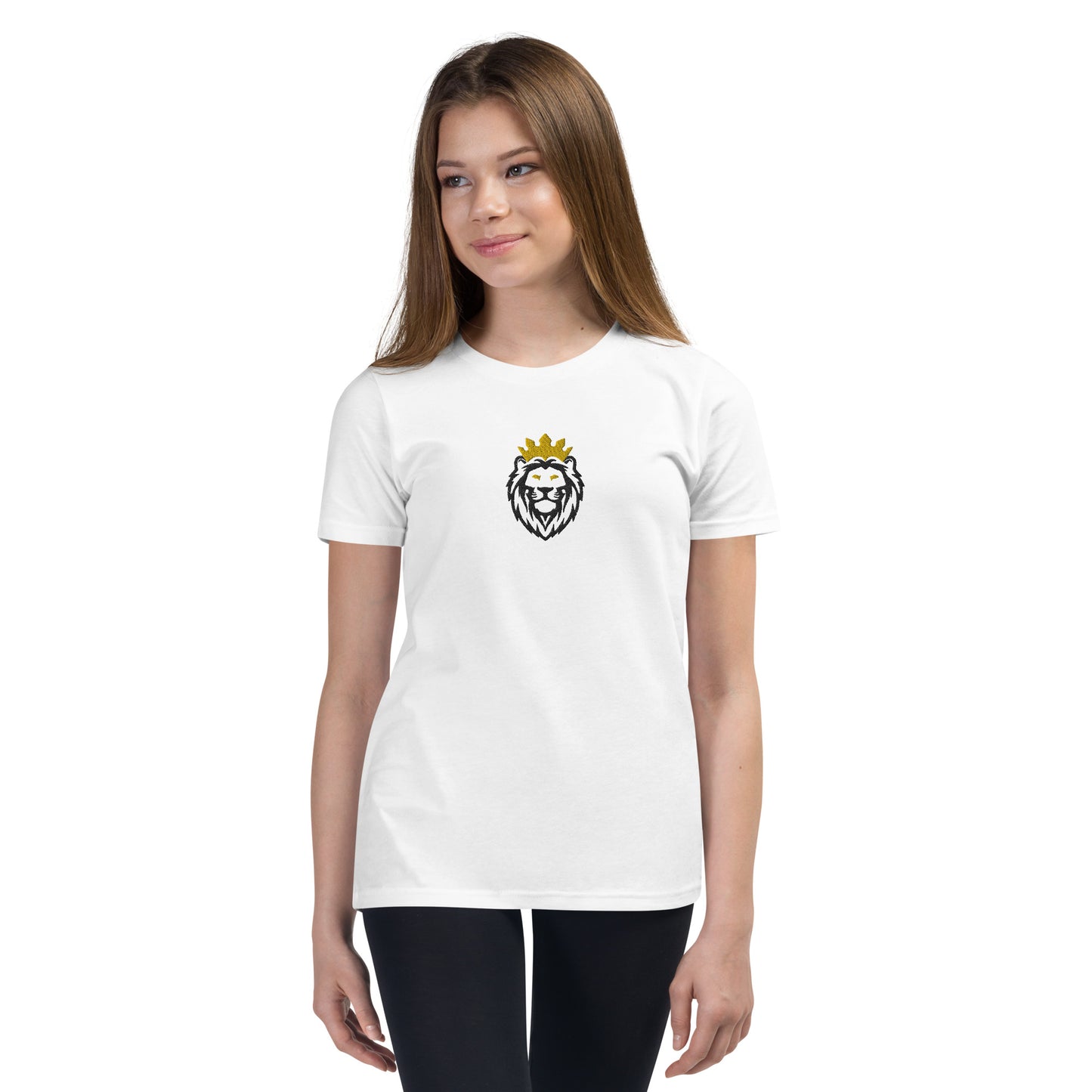 THSR Youth T-Shirt with Center-Chest Logo – White T-shirt Featuring Black & Gold THSR KING Lion wearing a crown Design for Kids