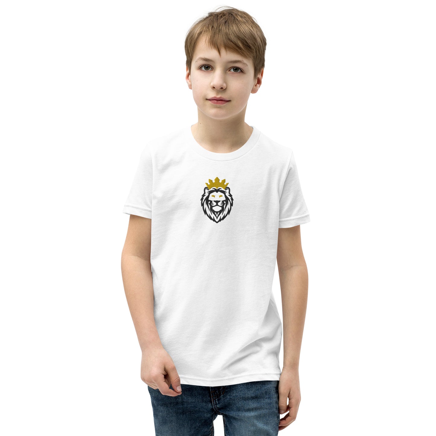 THSR Youth T-Shirt with Center-Chest Logo – White T-shirt Featuring Black & Gold THSR KING Lion wearing a crown Design for Kids