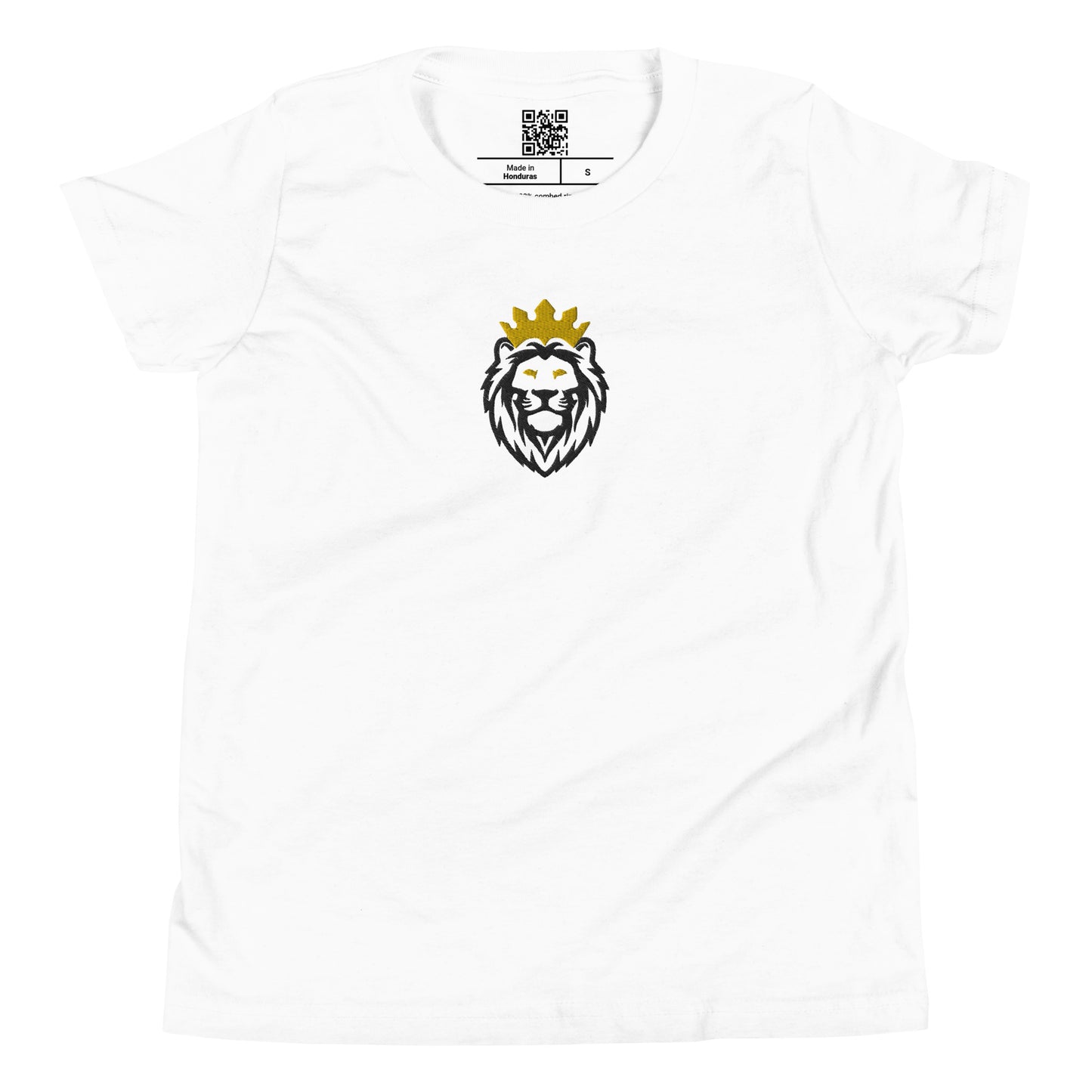 THSR Youth T-Shirt with Center-Chest Logo – White T-shirt Featuring Black & Gold THSR KING Lion wearing a crown Design for Kids