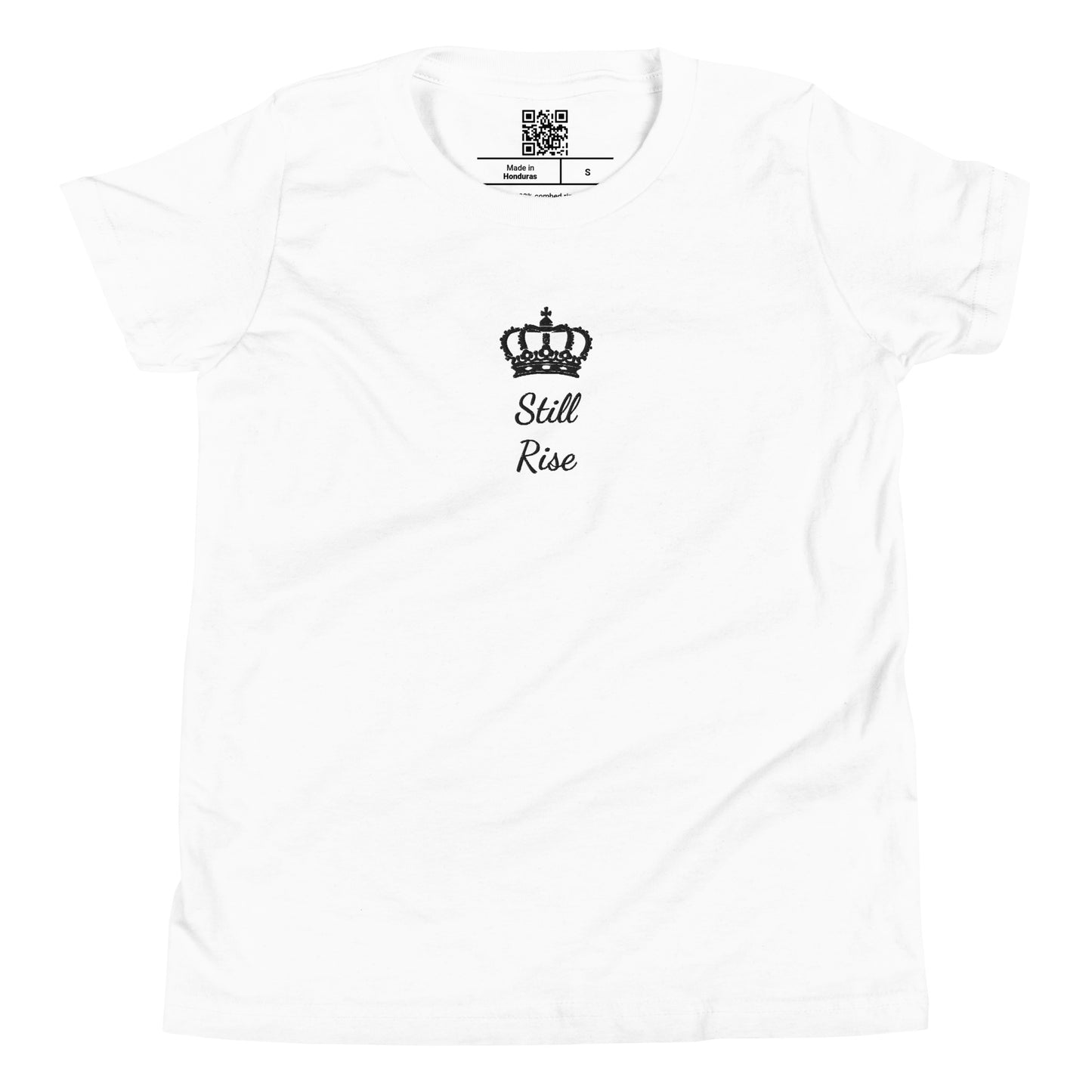 THSR Youth T-Shirt with Center-Chest Logo – White T-shirt Featuring Black "Still Rise" under a crown Design for Kids