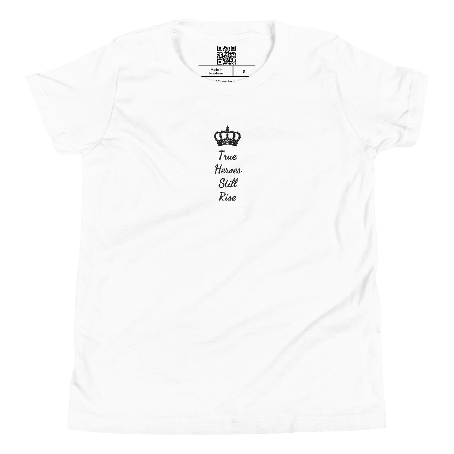 THSR Youth T-Shirt with Center-Chest Logo – White T-shirt Featuring Black "True Heroes Still Rise" under a crown Design for Kids