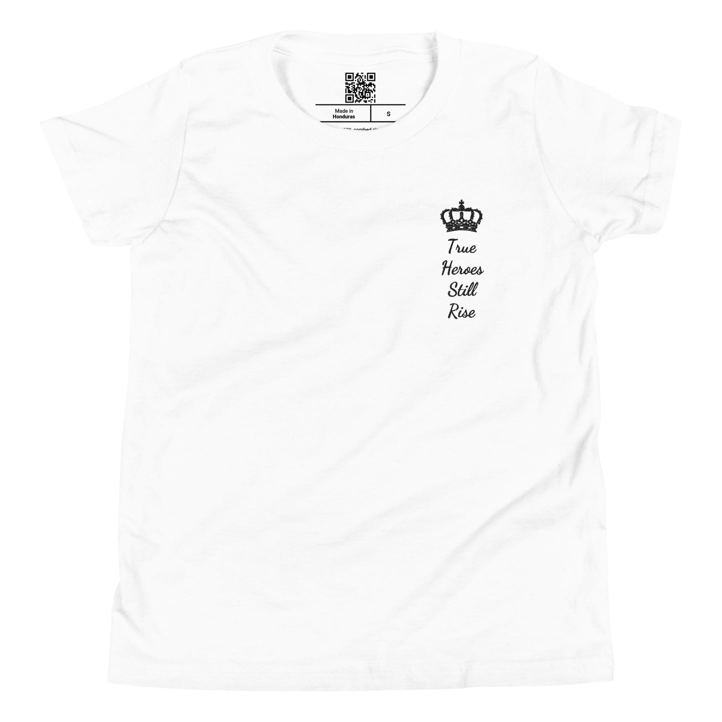 THSR Youth T-Shirt with Left-Chest Logo – White T-shirt Featuring Black "True Heroes Still Rise" under a crown Design for Kids