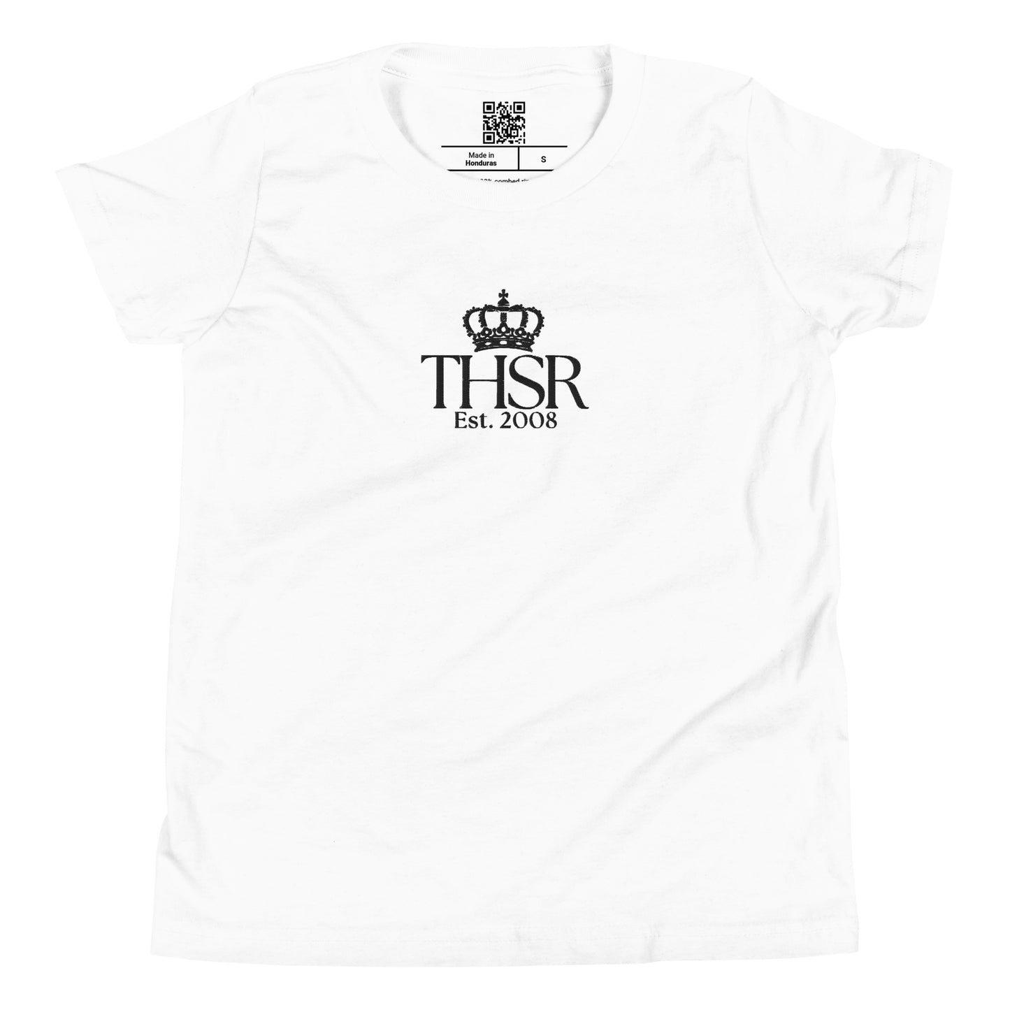 THSR Youth T-Shirt with Center-Chest Logo – White T-shirt Featuring Black "THSR Est. 2008" under a crown Design for Kids