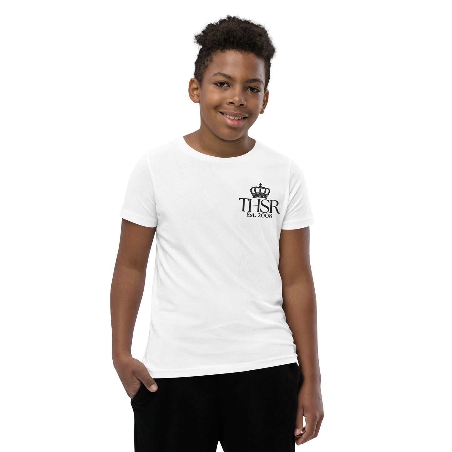 THSR Youth T-Shirt with Left-Chest Logo – White T-shirt Featuring Black "THSR Est. 2008" under a crown Design for Kids