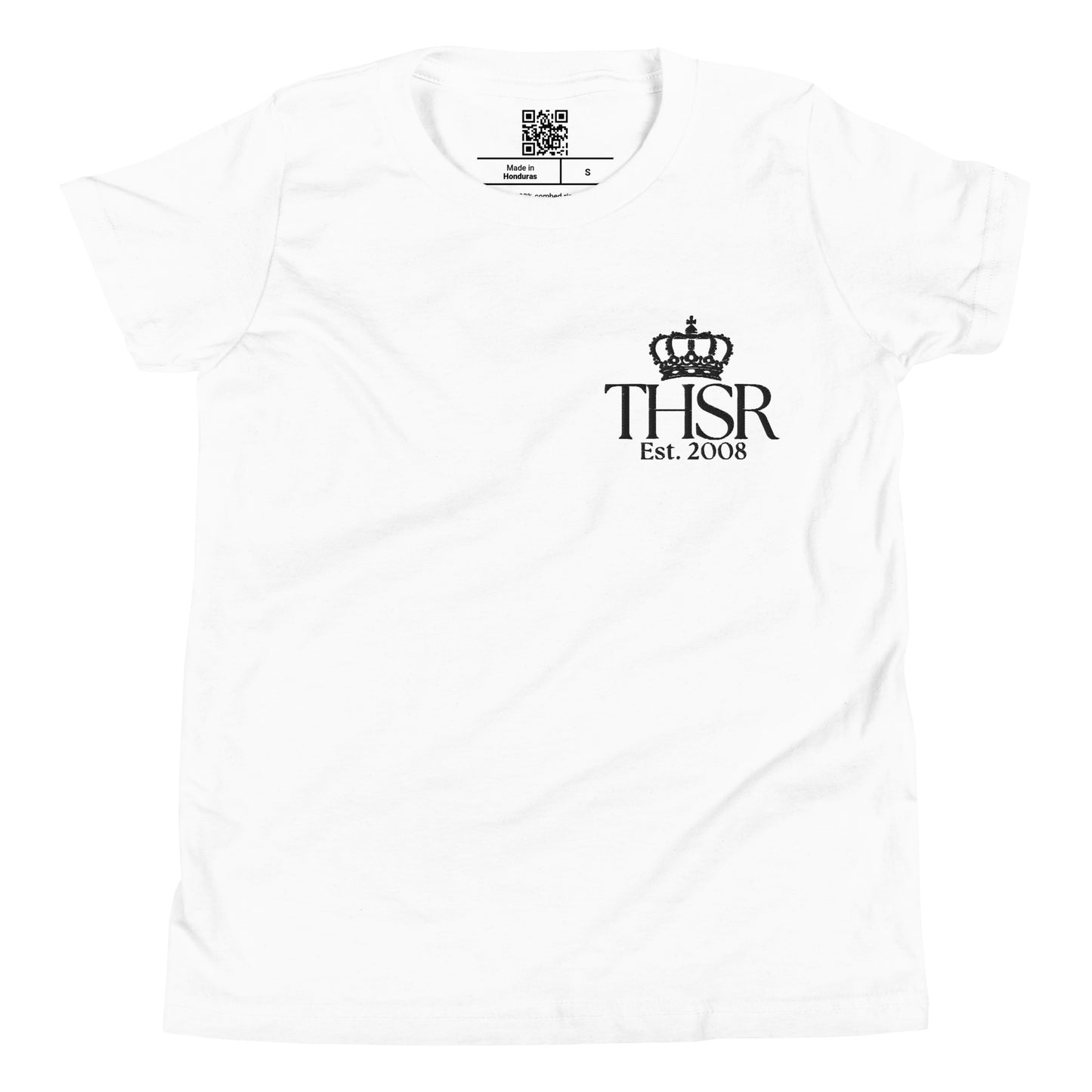 THSR Youth T-Shirt with Left-Chest Logo – White T-shirt Featuring Black "THSR Est. 2008" under a crown Design for Kids