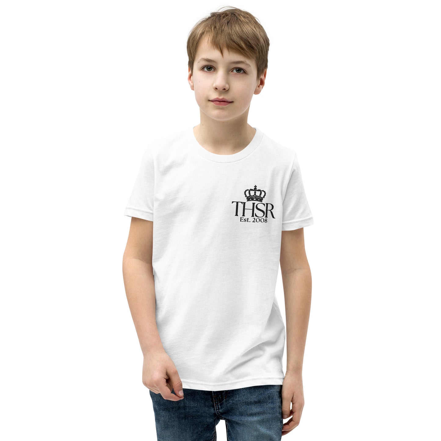 THSR Youth T-Shirt with Left-Chest Logo – White T-shirt Featuring Black "THSR Est. 2008" under a crown Design for Kids