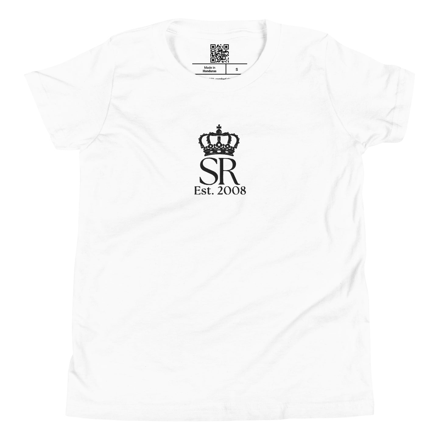 THSR Youth T-Shirt with Center-Chest Logo – White T-shirt Featuring Black "SR Est. 2008" under a crown Design for Kids