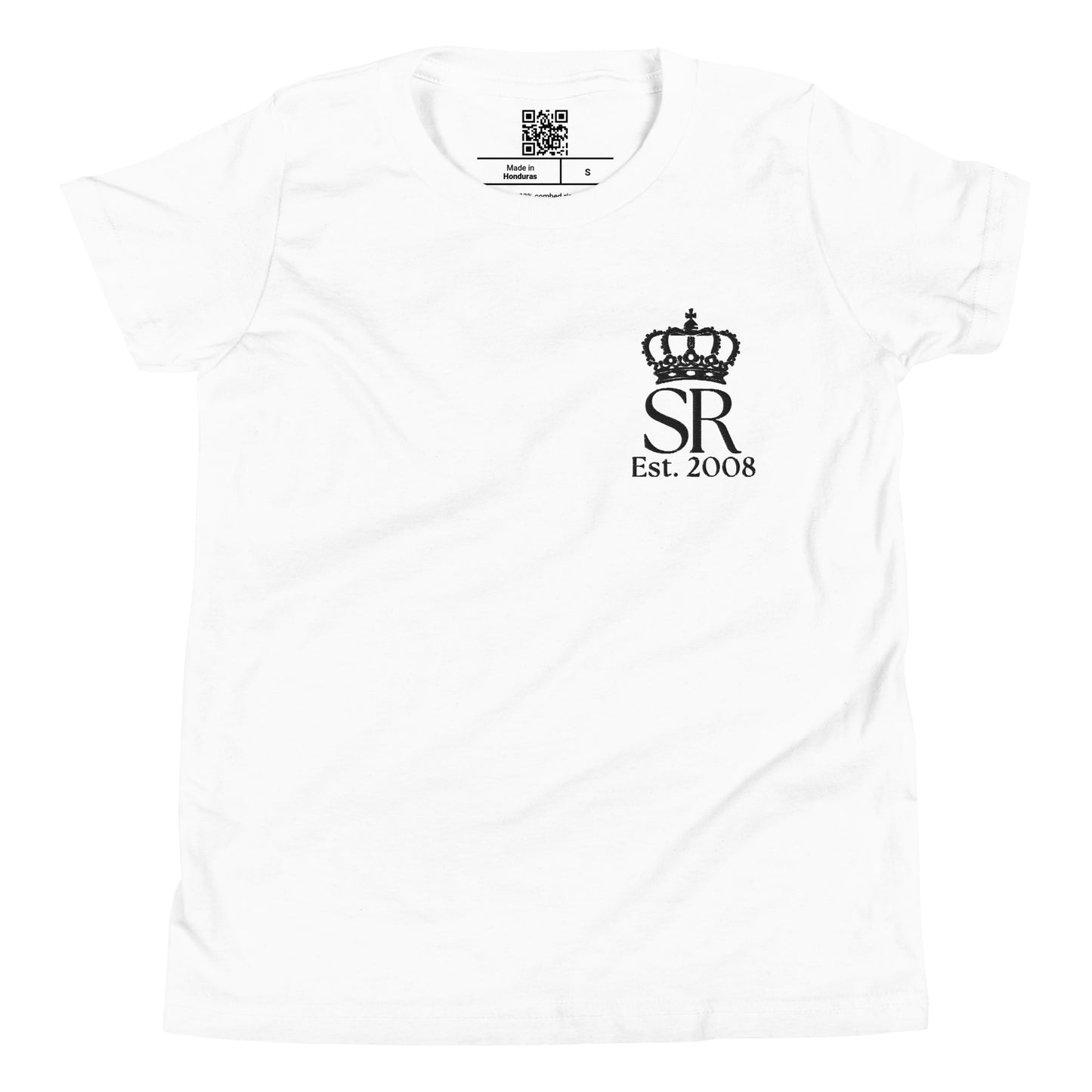 THSR Youth T-Shirt with Left-Chest Logo – White T-shirt Featuring Black "SR Est. 2008" under a crown Design for Kids