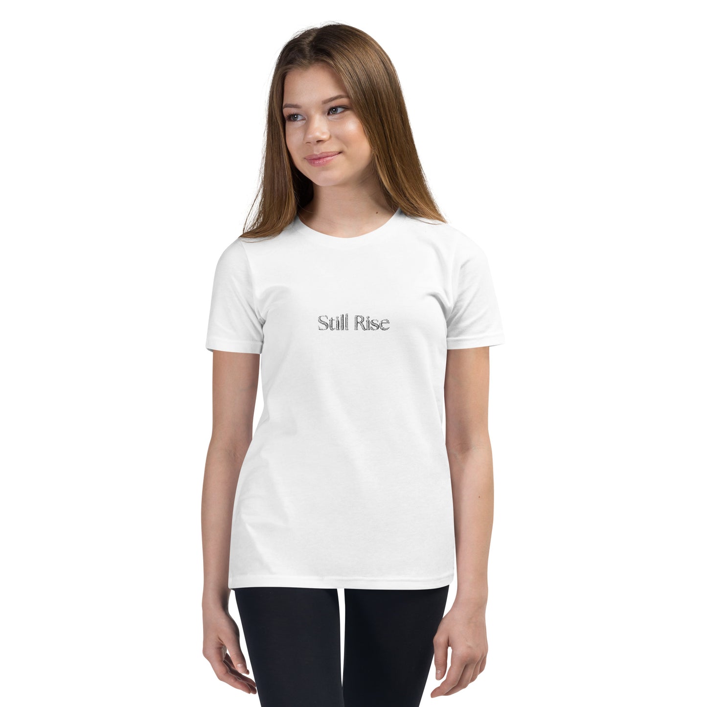 THSR Youth T-Shirt with Center-Chest Logo – White T-shirt Featuring Bold Black "Still Rise" Design for Kids