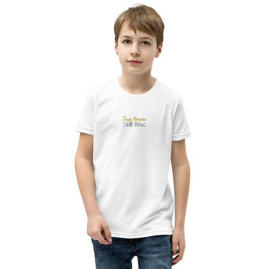 THSR Youth T-Shirt with Center-Chest Logo – White T-shirt Featuring Bold Gold and Black "True Heroes Still Rise" Design for Kids