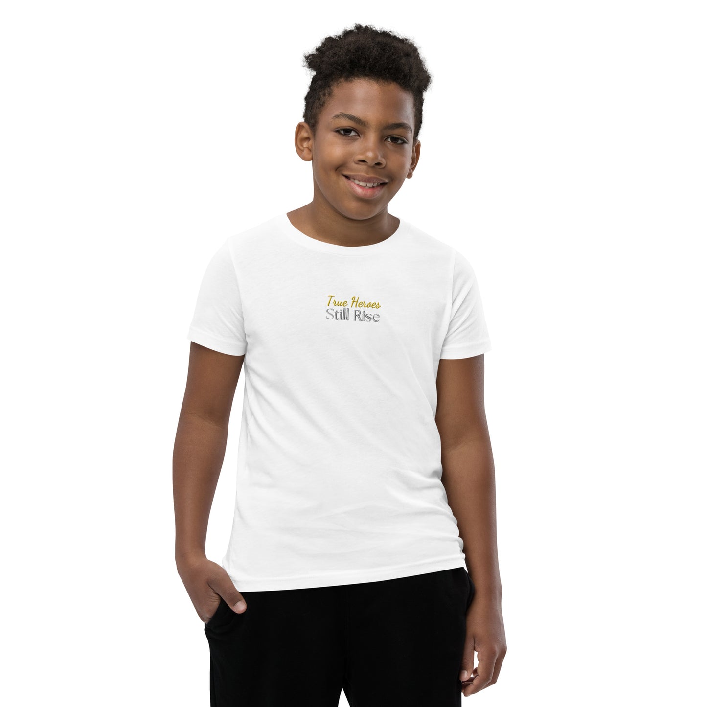 THSR Youth T-Shirt with Center-Chest Logo – White T-shirt Featuring Bold Gold and Black "True Heroes Still Rise" Design for Kids