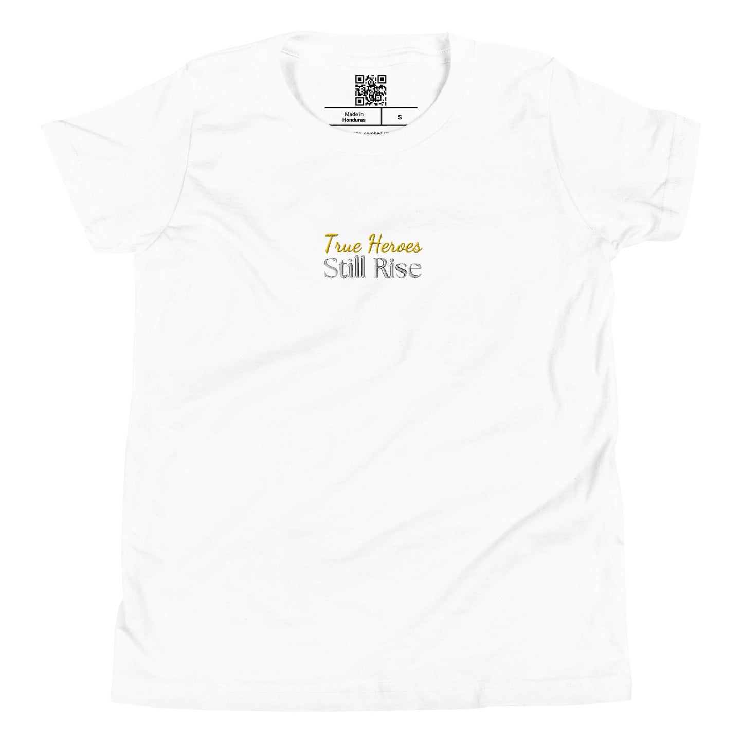 THSR Youth T-Shirt with Center-Chest Logo – White T-shirt Featuring Bold Gold and Black "True Heroes Still Rise" Design for Kids