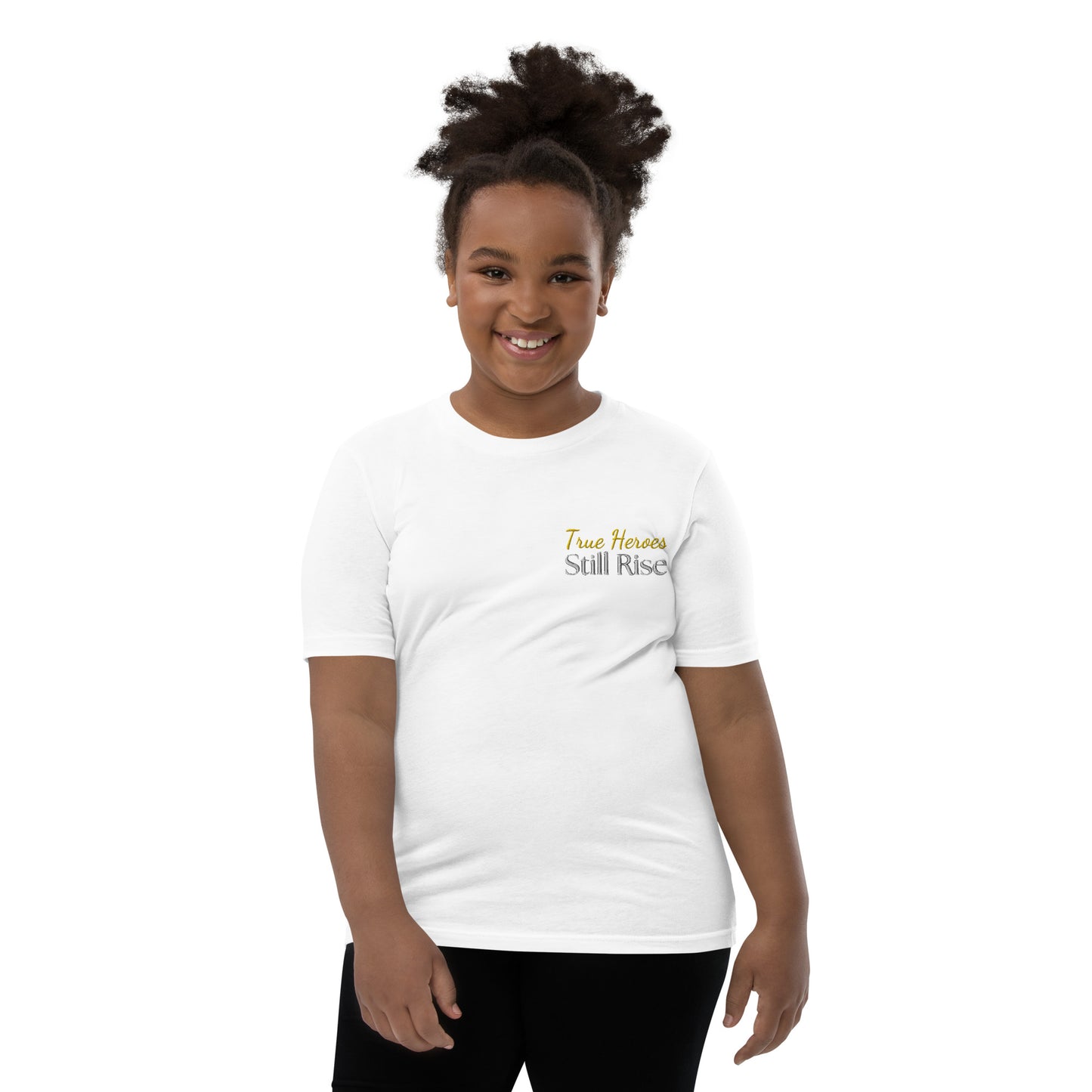 THSR Youth T-Shirt with Left-Chest Logo – White T-shirt Featuring Bold Gold and Black "True Heroes Still Rise" Design for Kids