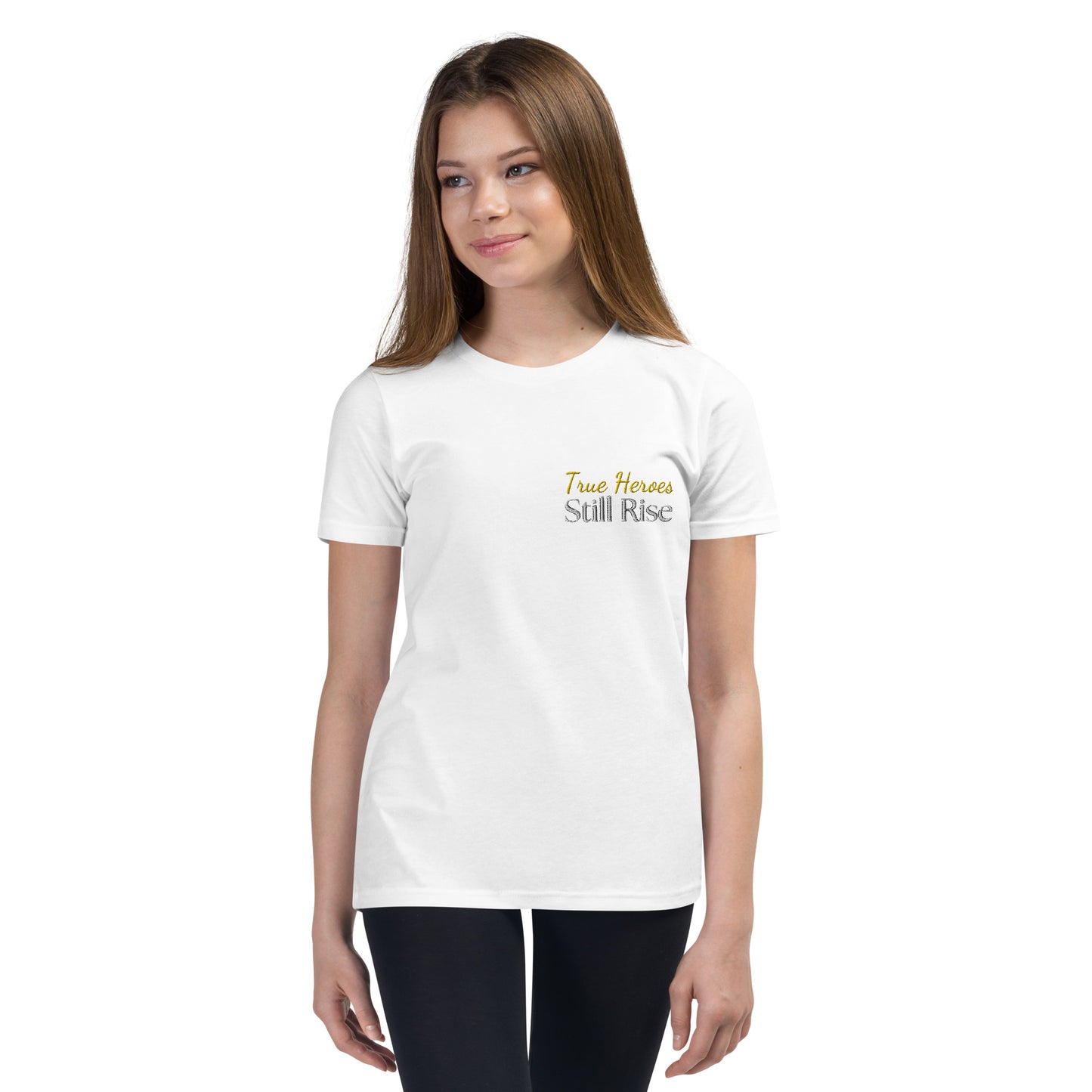 THSR Youth T-Shirt with Left-Chest Logo – White T-shirt Featuring Bold Gold and Black "True Heroes Still Rise" Design for Kids