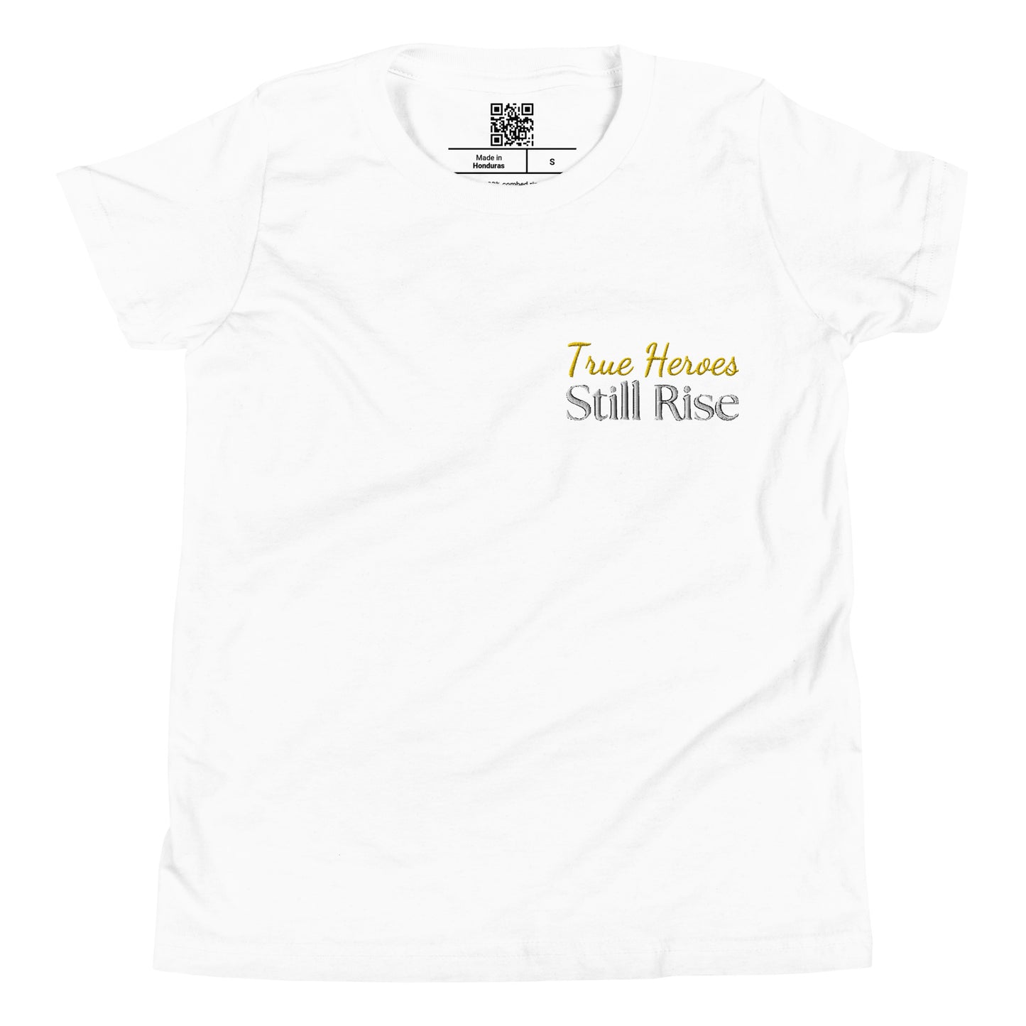 THSR Youth T-Shirt with Left-Chest Logo – White T-shirt Featuring Bold Gold and Black "True Heroes Still Rise" Design for Kids