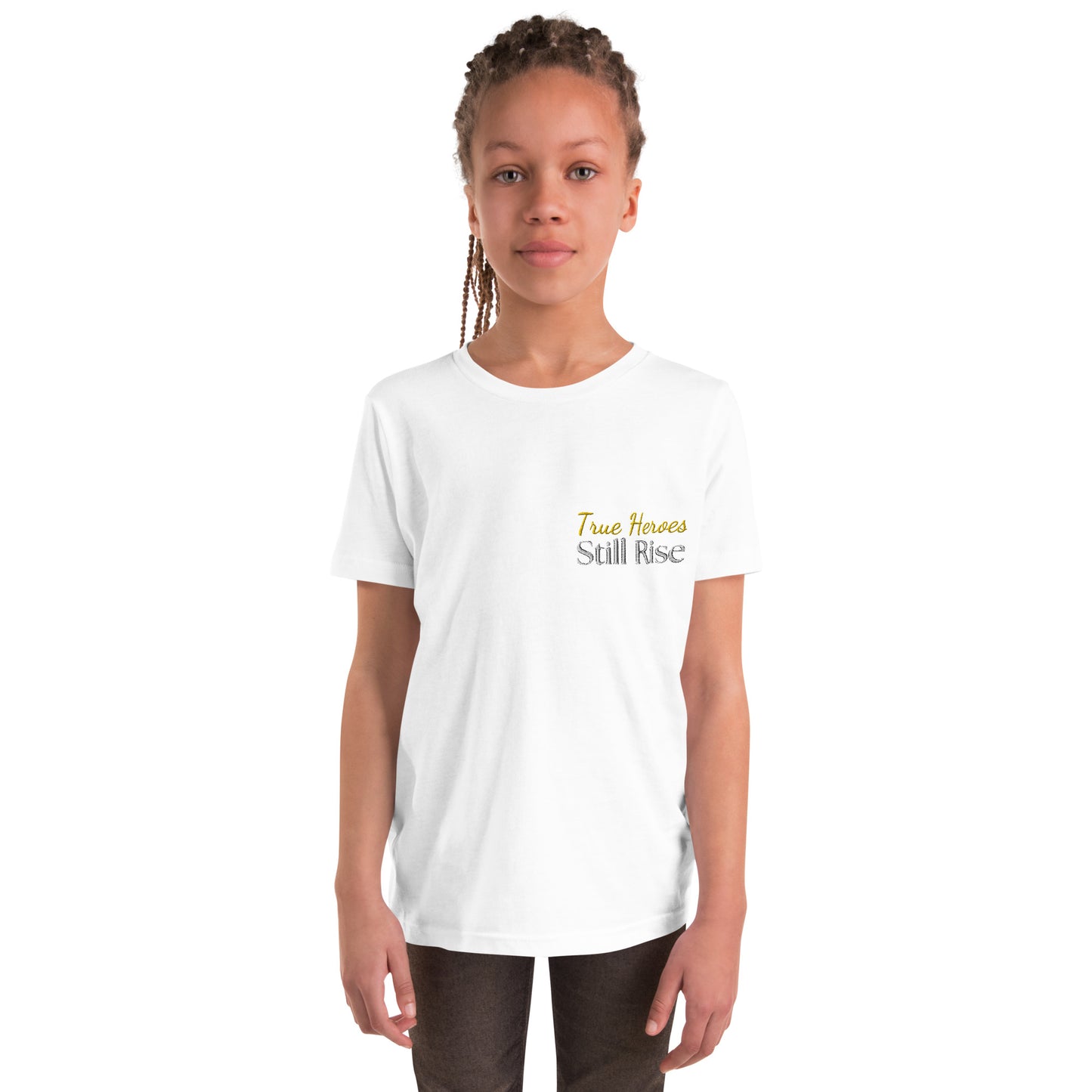 THSR Youth T-Shirt with Left-Chest Logo – White T-shirt Featuring Bold Gold and Black "True Heroes Still Rise" Design for Kids