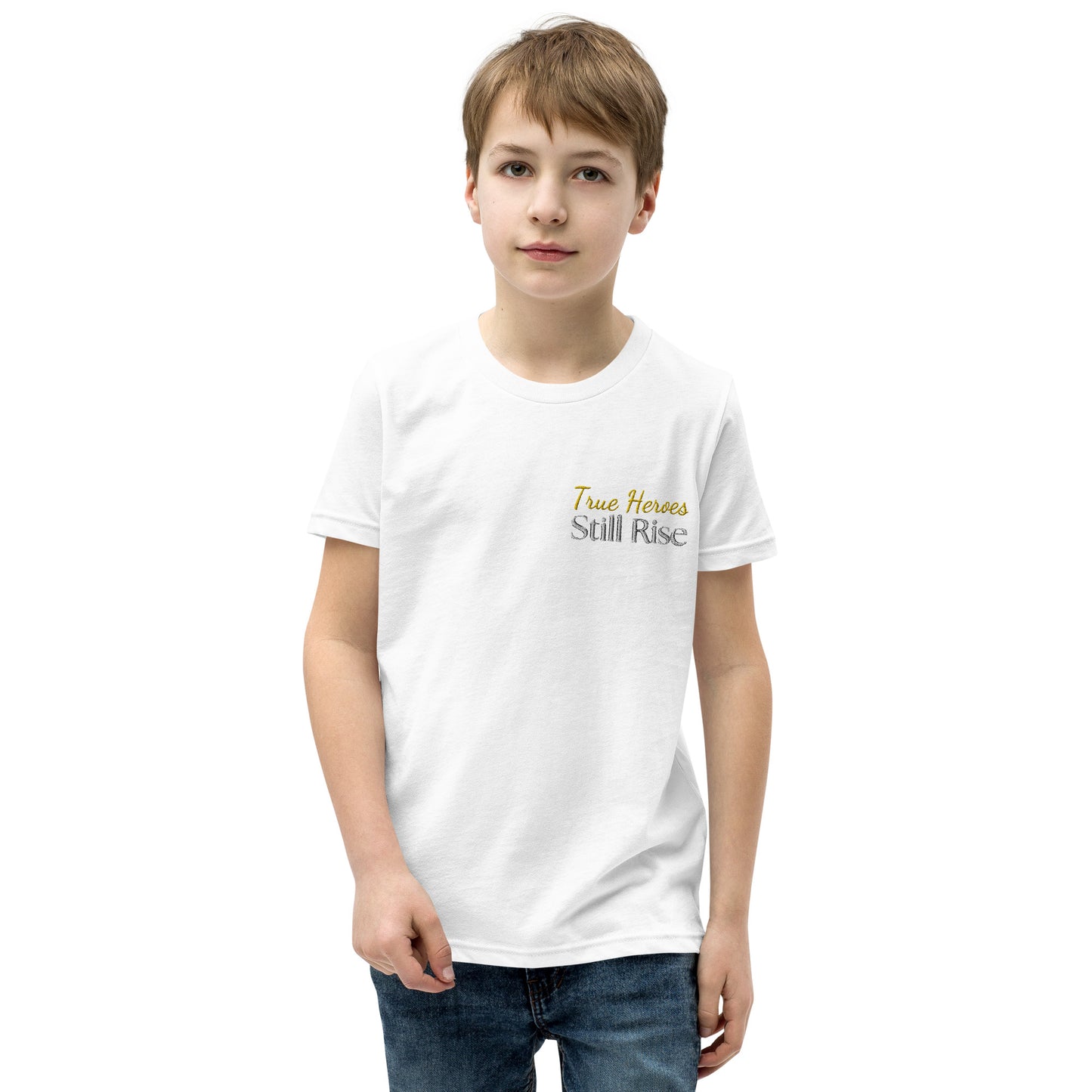 THSR Youth T-Shirt with Left-Chest Logo – White T-shirt Featuring Bold Gold and Black "True Heroes Still Rise" Design for Kids