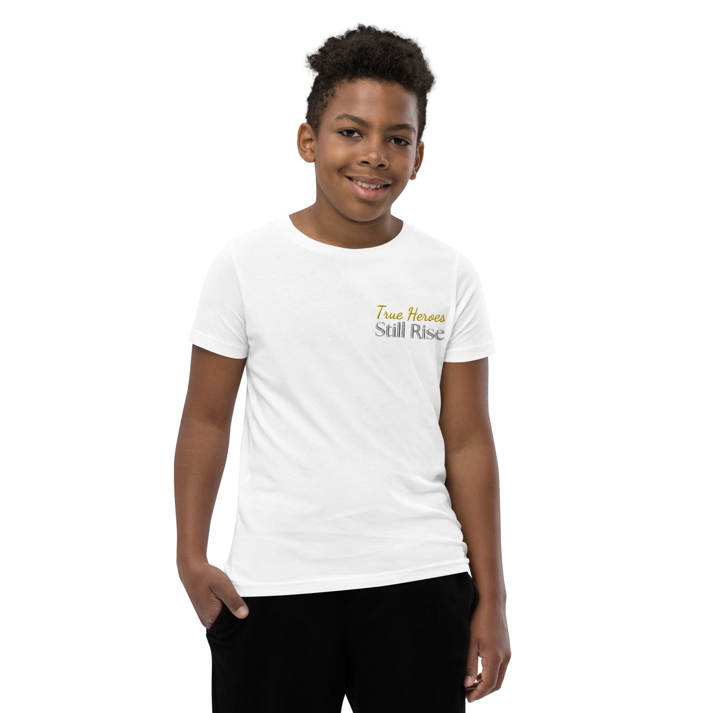 THSR Youth T-Shirt with Left-Chest Logo – White T-shirt Featuring Bold Gold and Black "True Heroes Still Rise" Design for Kids