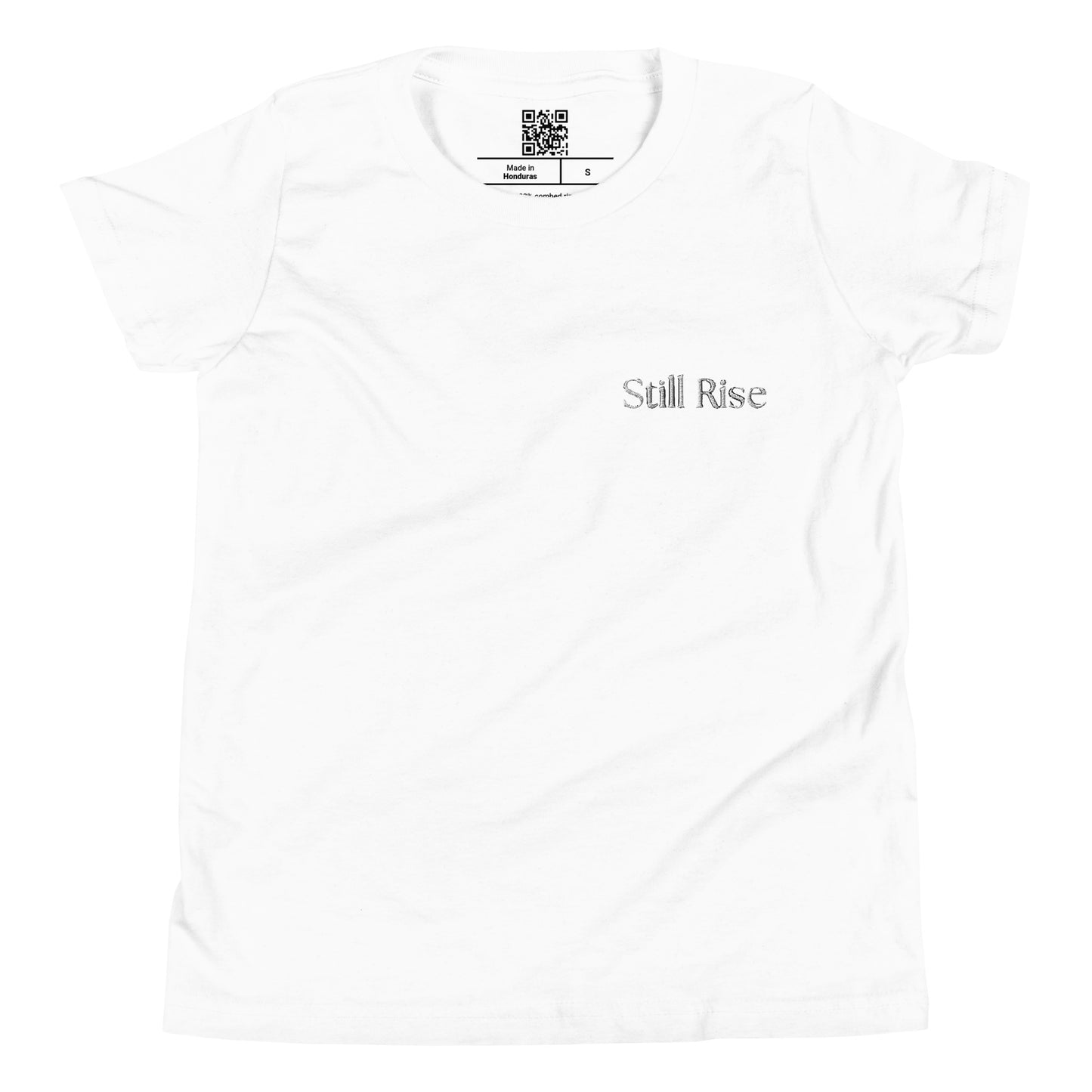 THSR Youth T-Shirt with Left-Chest Logo – White T-shirt Featuring Bold Black "Still Rise" Design for Kids