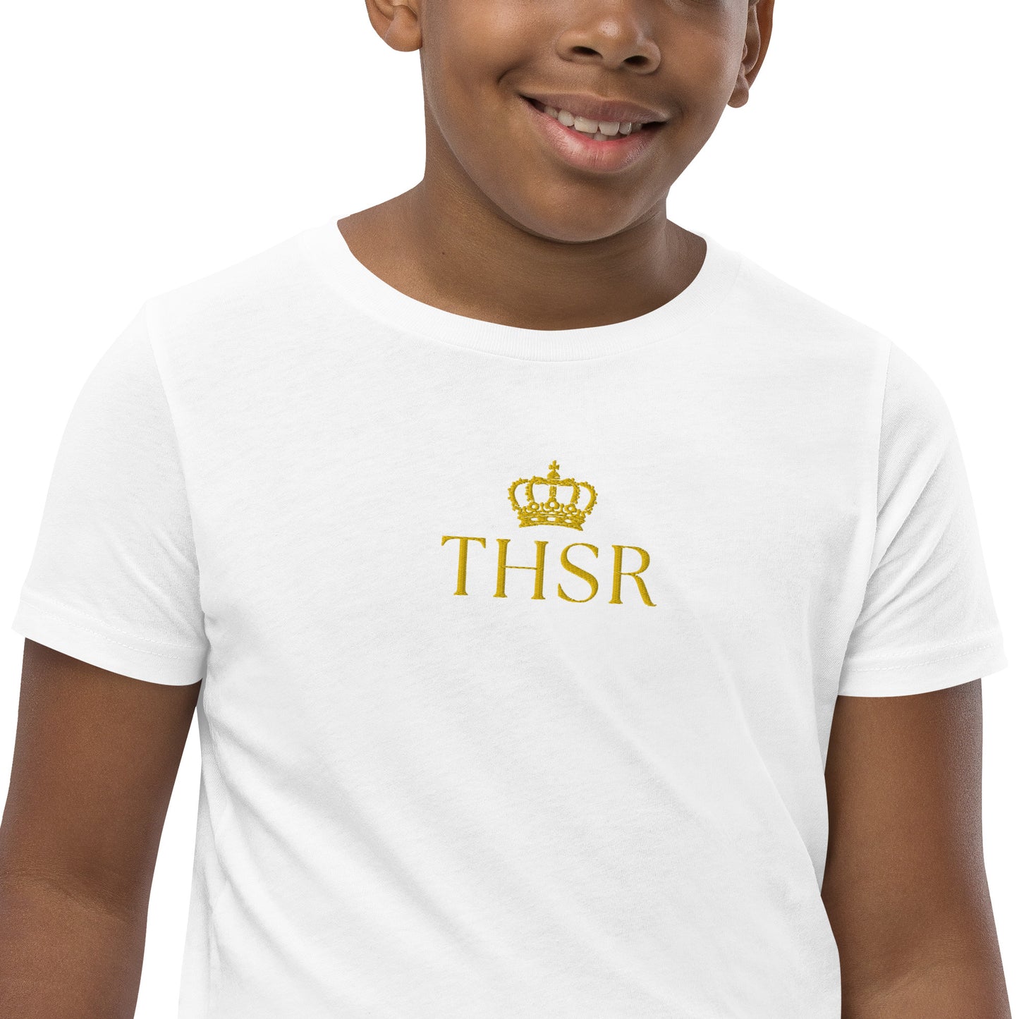 THSR Youth T-Shirt with Center-Chest Logo – T-shirt Featuring Gold "THSR" under a crown Design for Kids