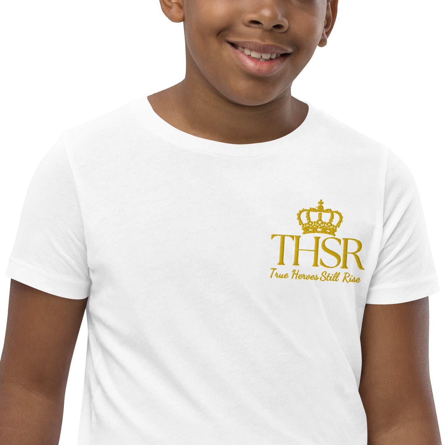 THSR Youth T-Shirt with Left-Chest Logo – T-shirt Featuring Gold "THSR True Heroes Still Rise" under a crown Design for Kids