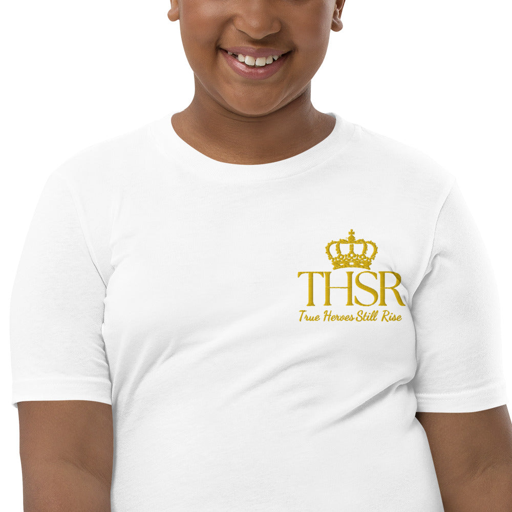 THSR Youth T-Shirt with Left-Chest Logo – T-shirt Featuring Gold "THSR True Heroes Still Rise" under a crown Design for Kids