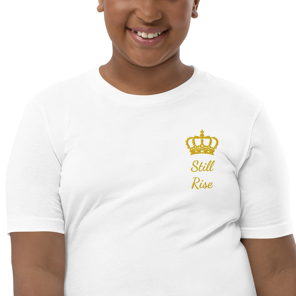 THSR Youth T-Shirt with Left-Chest Logo – T-shirt Featuring Gold "Still Rise" under a crown Design for Kids