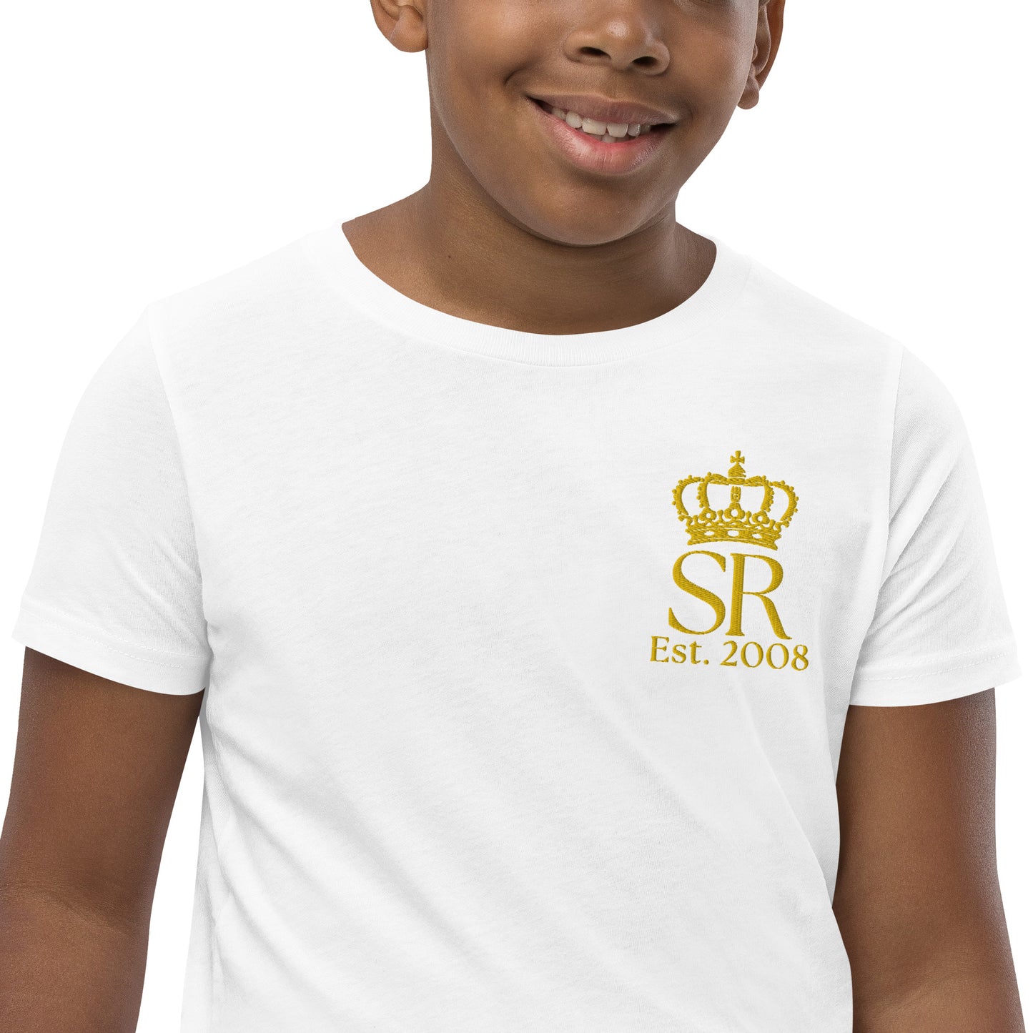 THSR Youth T-Shirt with Left-Chest Logo – T-shirt Featuring Gold "SR Est. 2008" under a crown Design for Kids