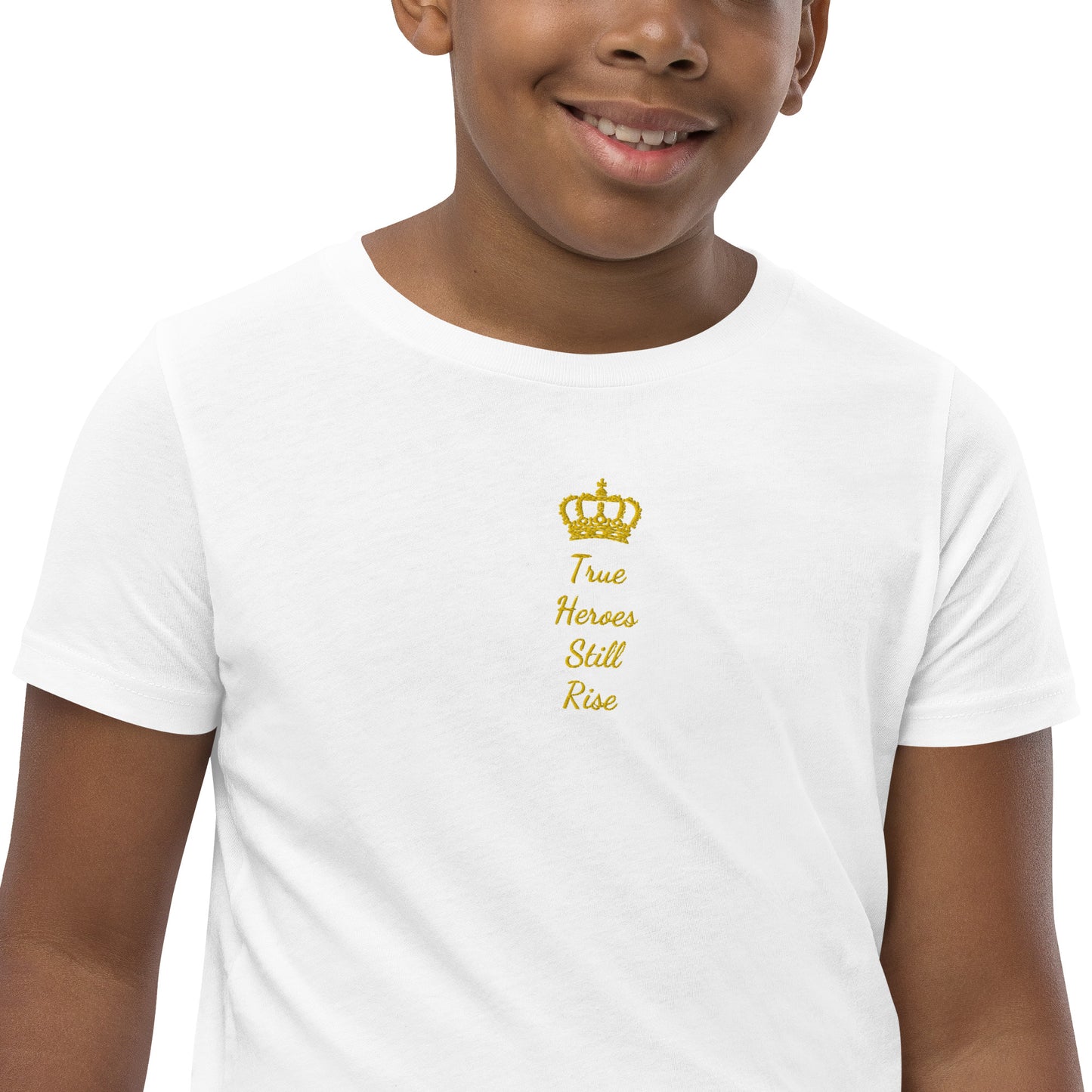 THSR Youth T-Shirt with Center-Chest Logo – T-shirt Featuring Gold "True Heroes Still Rise" under a crown Design for Kids