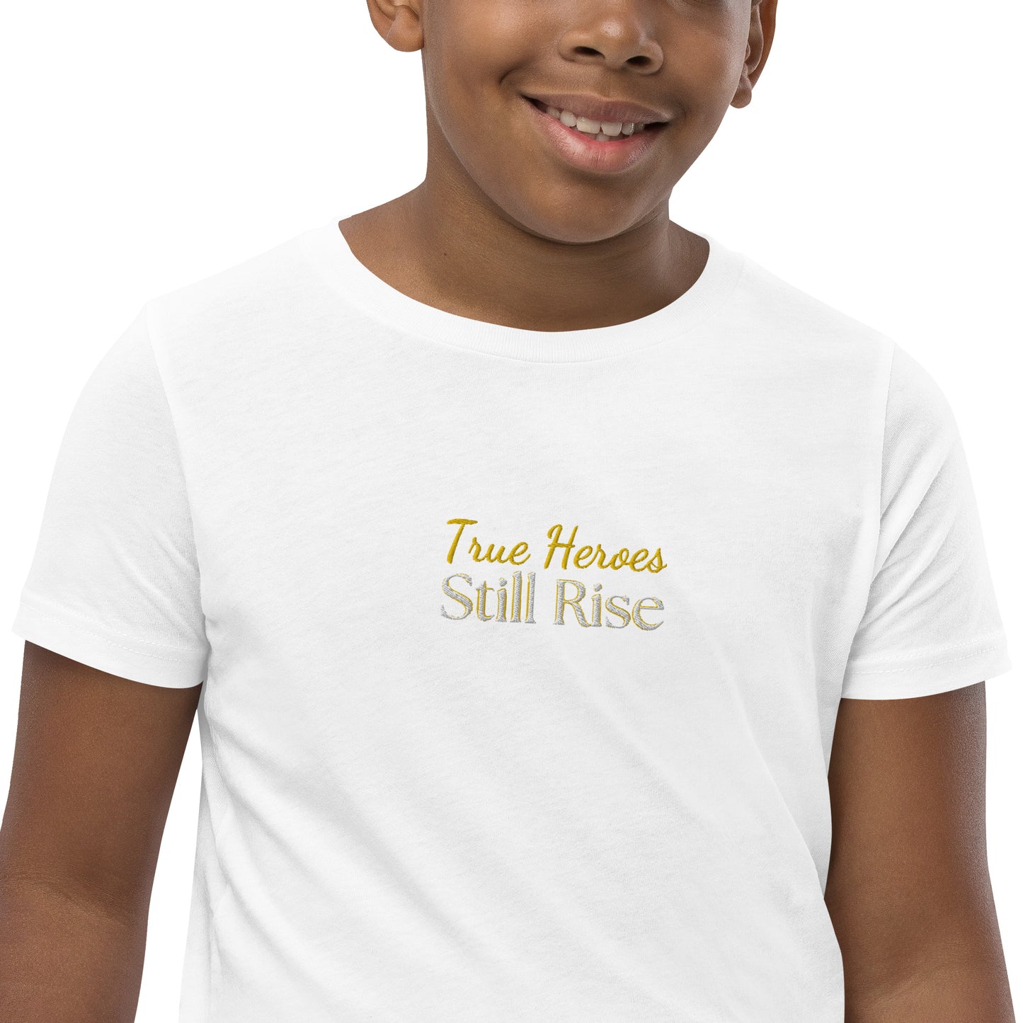 THSR Youth T-Shirt with Center-Chest Logo – Black or White T-shirt Featuring Bold Gold "True Heroes Still Rise" Design for Kids