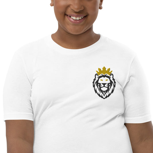 THSR Youth T-Shirt with Left-Chest Logo – White T-shirt Featuring Black & Gold THSR KING Lion wearing a crown Design for Kids