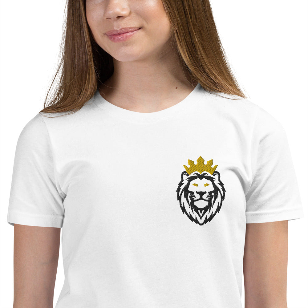 THSR Youth T-Shirt with Left-Chest Logo – White T-shirt Featuring Black & Gold THSR KING Lion wearing a crown Design for Kids