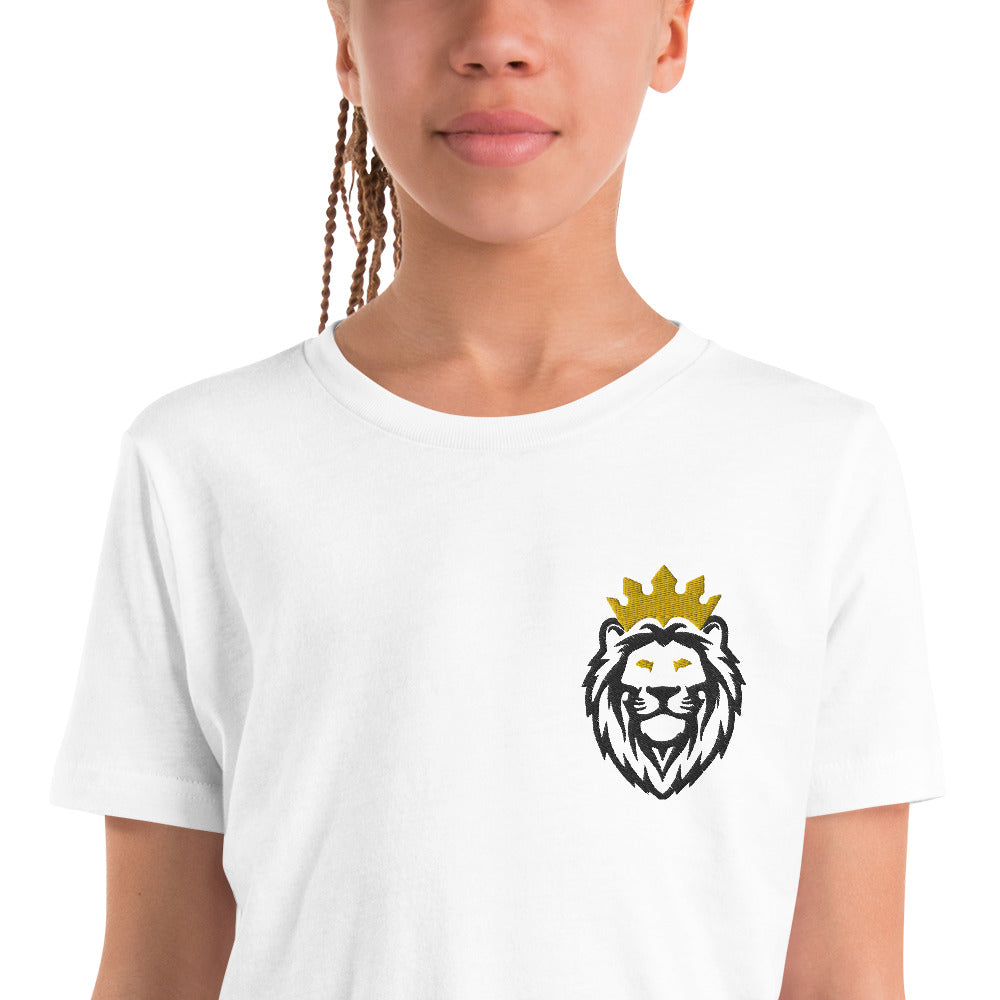 THSR Youth T-Shirt with Left-Chest Logo – White T-shirt Featuring Black & Gold THSR KING Lion wearing a crown Design for Kids