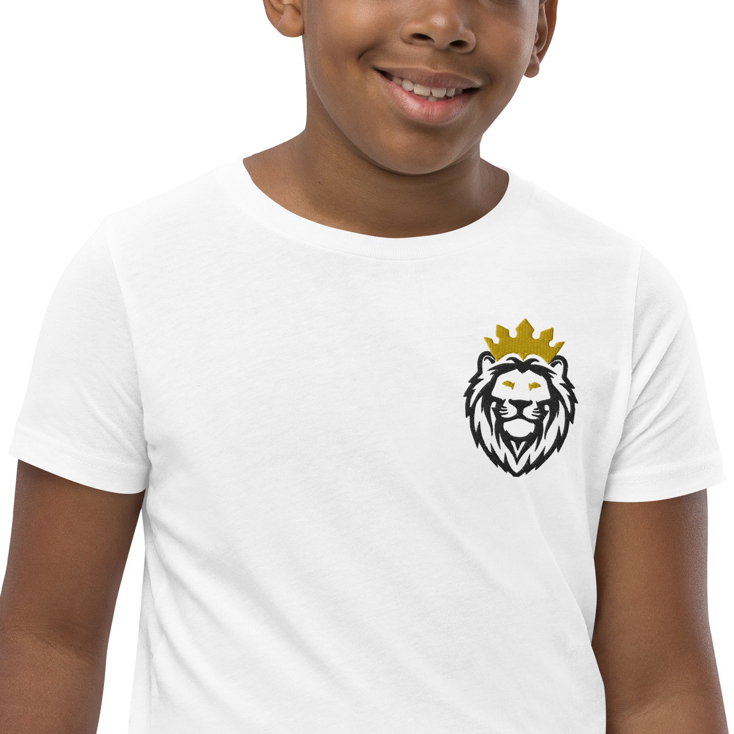 THSR Youth T-Shirt with Left-Chest Logo – White T-shirt Featuring Black & Gold THSR KING Lion wearing a crown Design for Kids