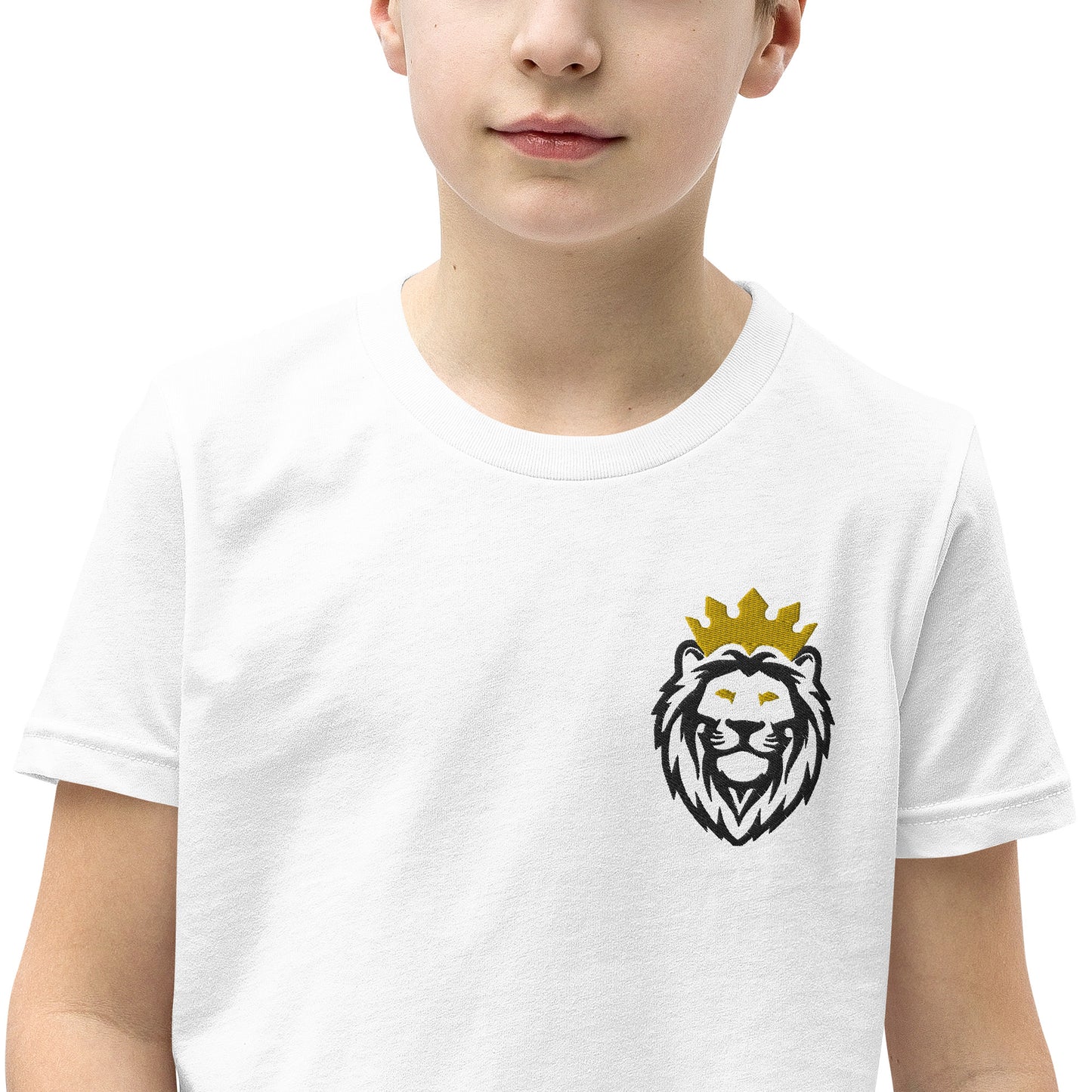 THSR Youth T-Shirt with Left-Chest Logo – White T-shirt Featuring Black & Gold THSR KING Lion wearing a crown Design for Kids