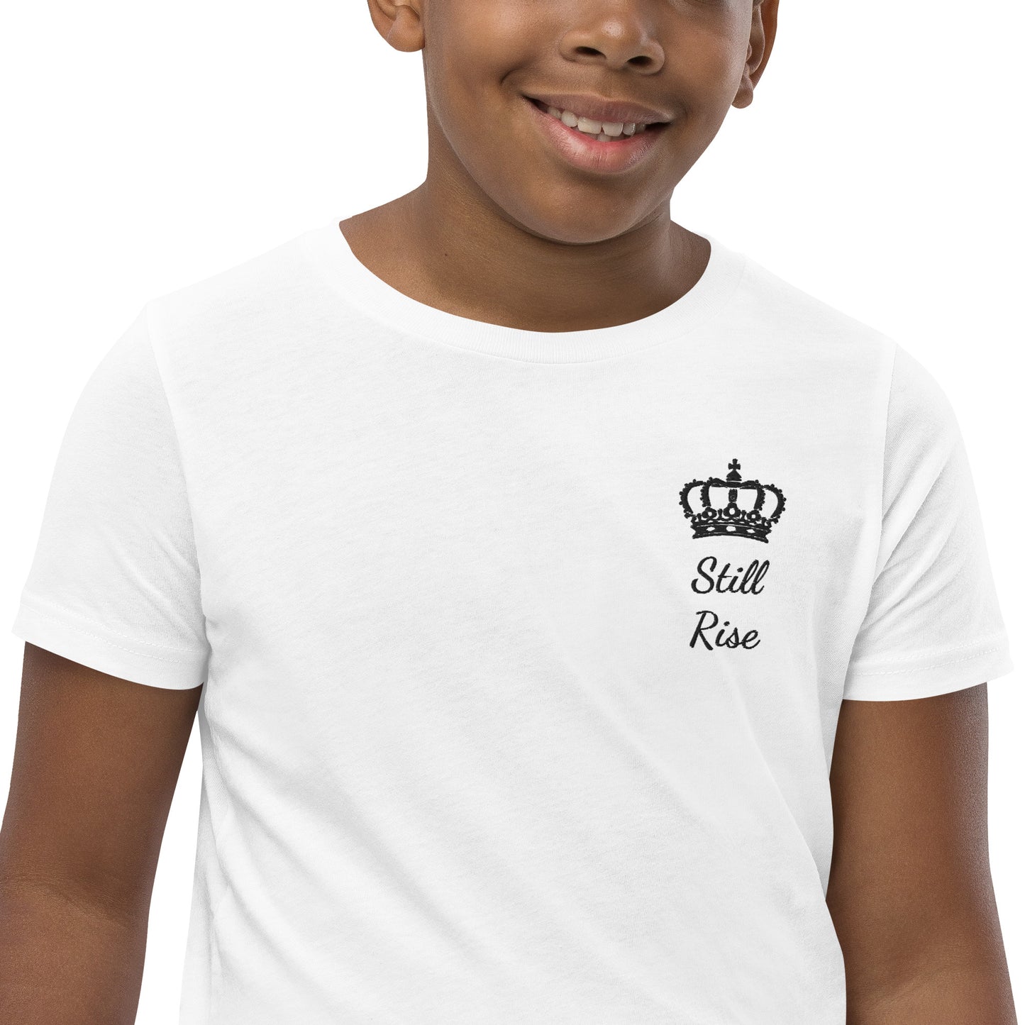 THSR Youth T-Shirt with Left-Chest Logo – White T-shirt Featuring Black "Still Rise" under a crown Design for Kids