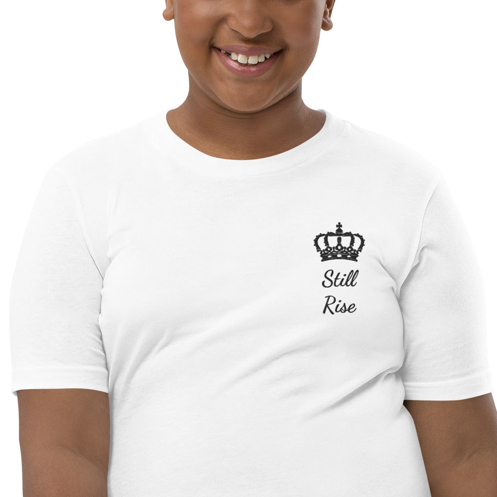 THSR Youth T-Shirt with Left-Chest Logo – White T-shirt Featuring Black "Still Rise" under a crown Design for Kids