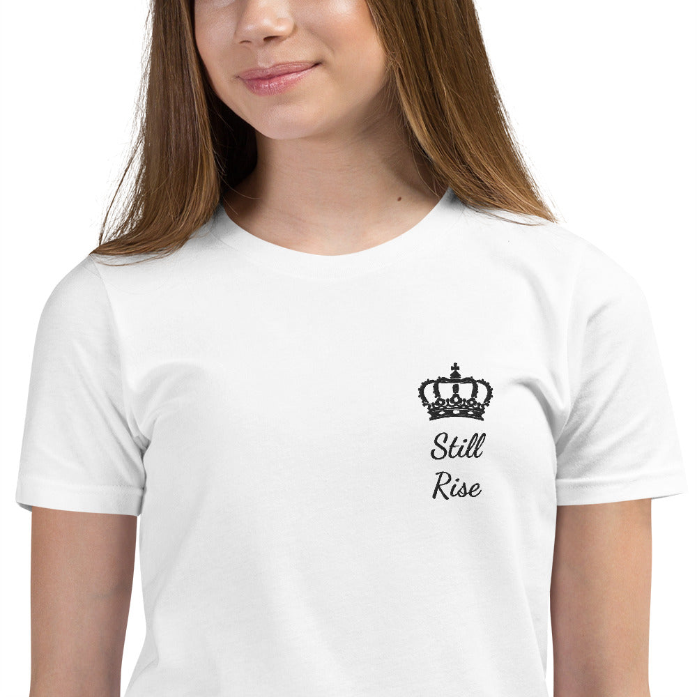 THSR Youth T-Shirt with Left-Chest Logo – White T-shirt Featuring Black "Still Rise" under a crown Design for Kids