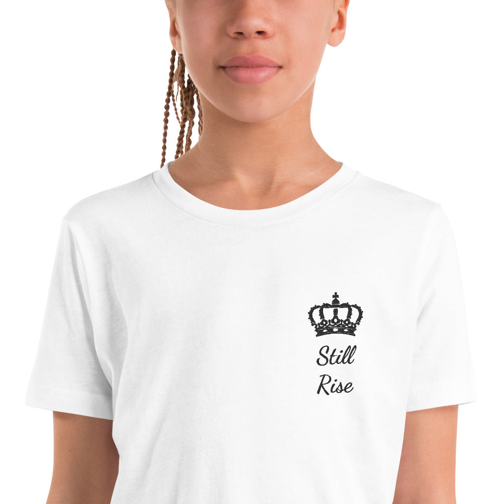 THSR Youth T-Shirt with Left-Chest Logo – White T-shirt Featuring Black "Still Rise" under a crown Design for Kids