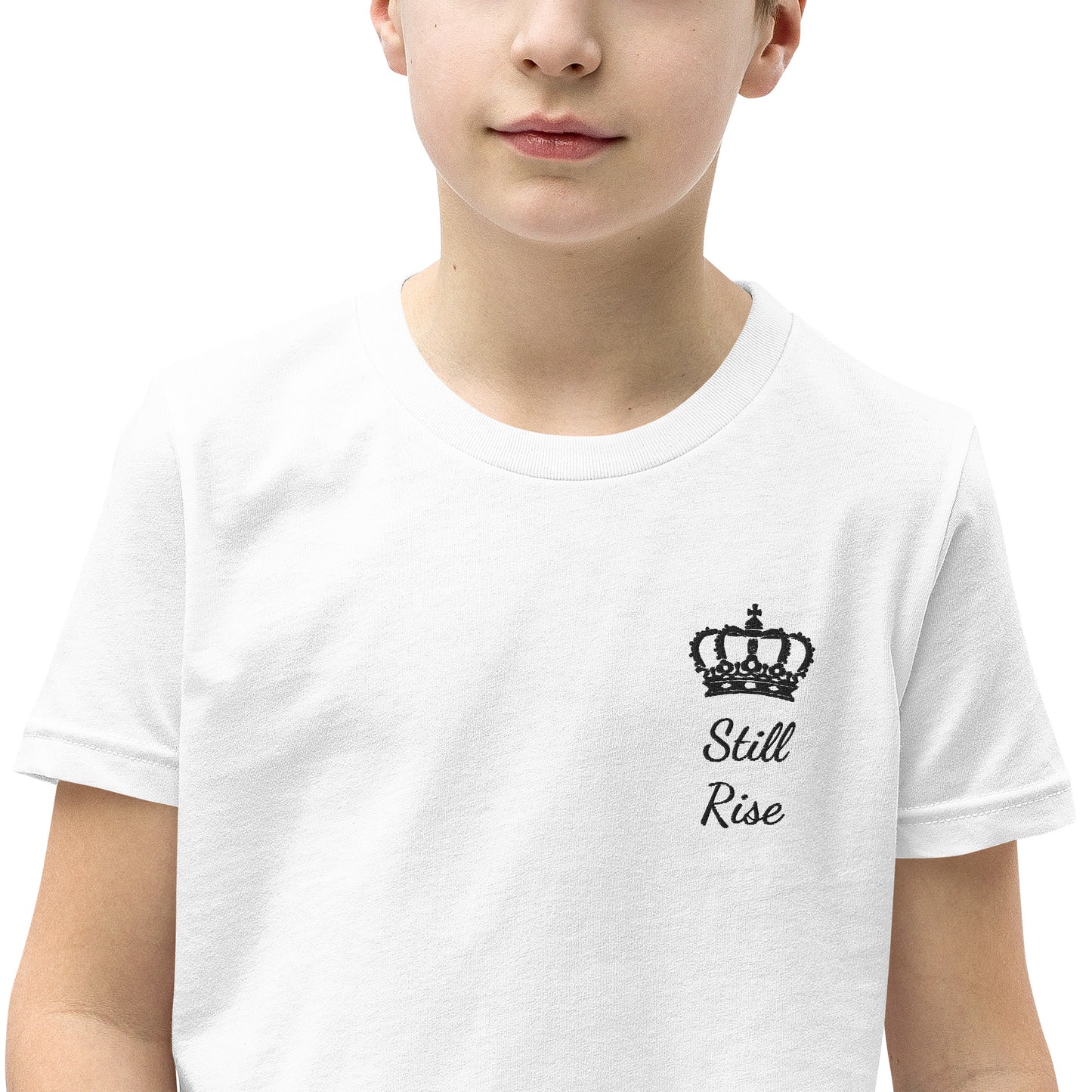 THSR Youth T-Shirt with Left-Chest Logo – White T-shirt Featuring Black "Still Rise" under a crown Design for Kids